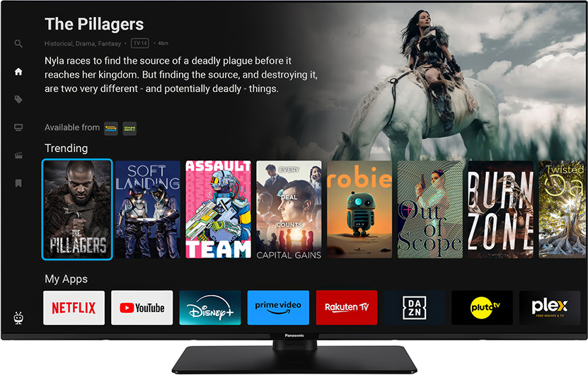 TV képernyő filmfelülettel. A trendi filmek és alkalmazások láthatók, a háttérben egy nő lóháton.