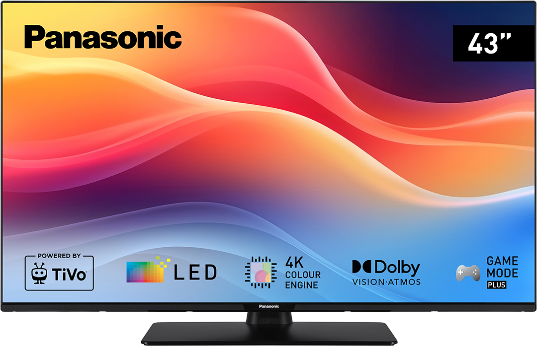 Panasonic 43" LED TV. Jellemzők: TiVo, 4K színmotor, Dolby Vision Atmos és játék mód plusz. Fekete állvány.