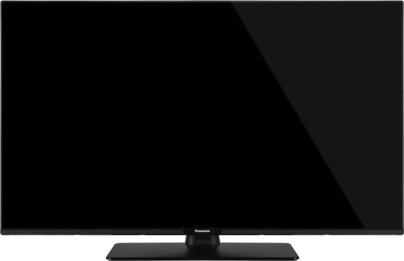 Egy fekete lapos képernyős TV állvánnyal. A képernyő ki van kapcsolva, fényt tükröz. A Panasonic logó látható.