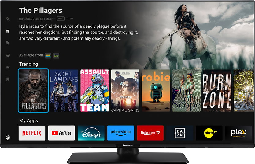 A TV képernyője filmválasztékot jelenít meg. Egy nő fehér lovon lovagol. Olyan alkalmazások láthatók, mint a Netflix, a YouTube és a Disney+.