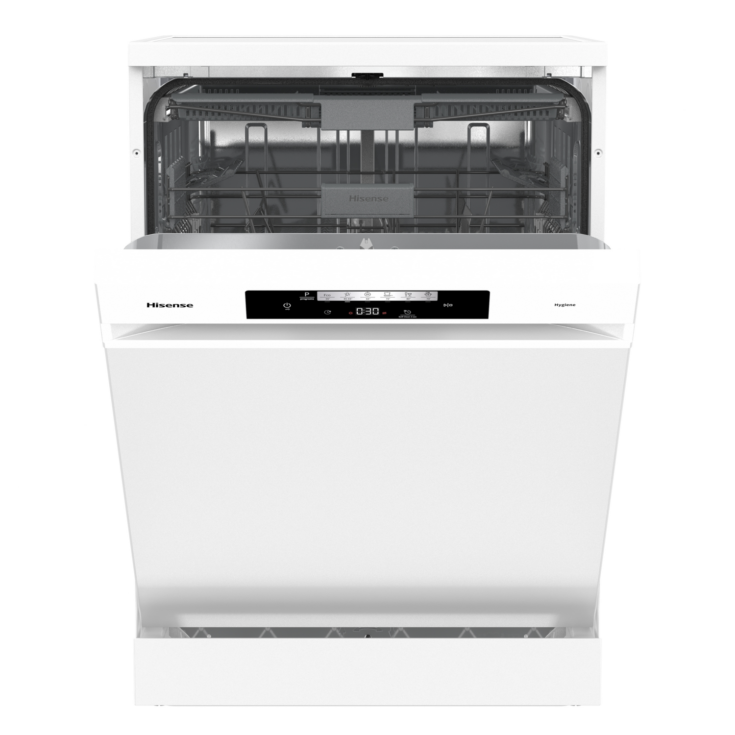 Un lavavajillas Hisense blanco con la puerta abierta. Muestra los estantes interiores y el panel de control. El temporizador muestra 0:30.