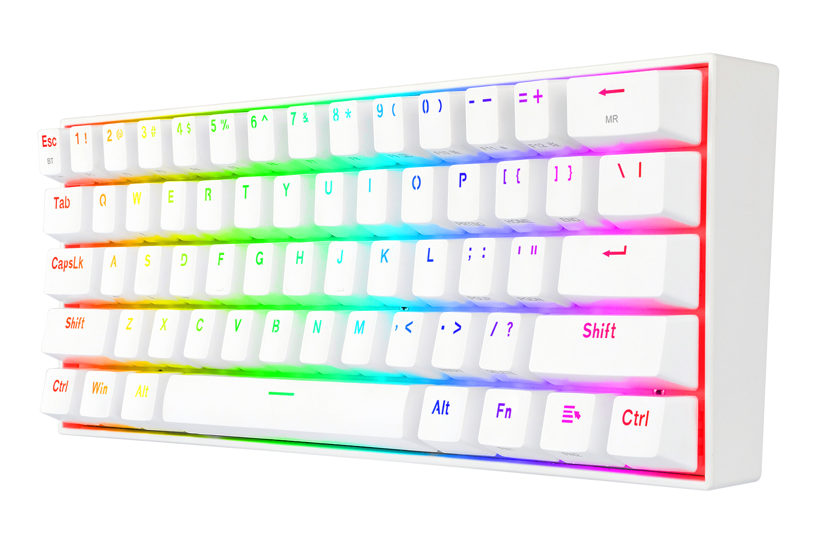 Biała klawiatura mechaniczna z tęczowym podświetleniem LED. Klawisze są białe z czarnymi literami. Ramka jest biała.