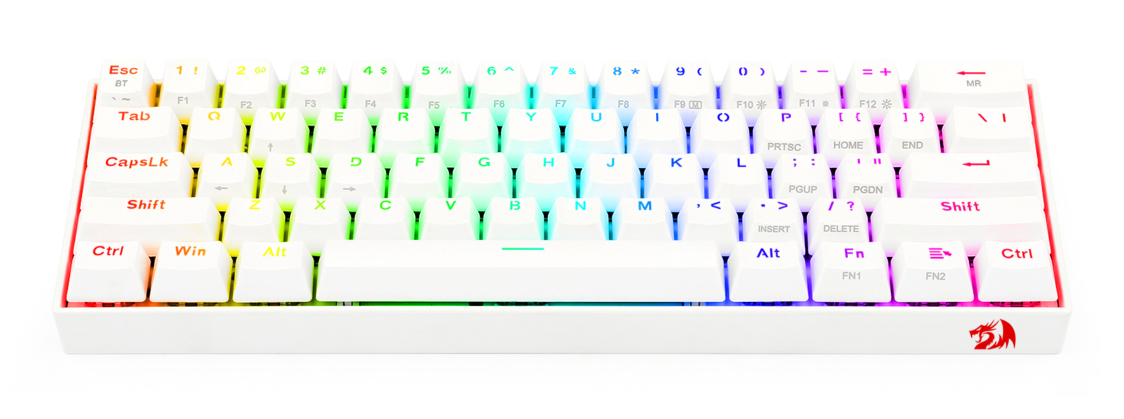 Biała klawiatura z podświetlanymi klawiszami w tęczowych kolorach. Logo Redragon znajduje się po prawej stronie.