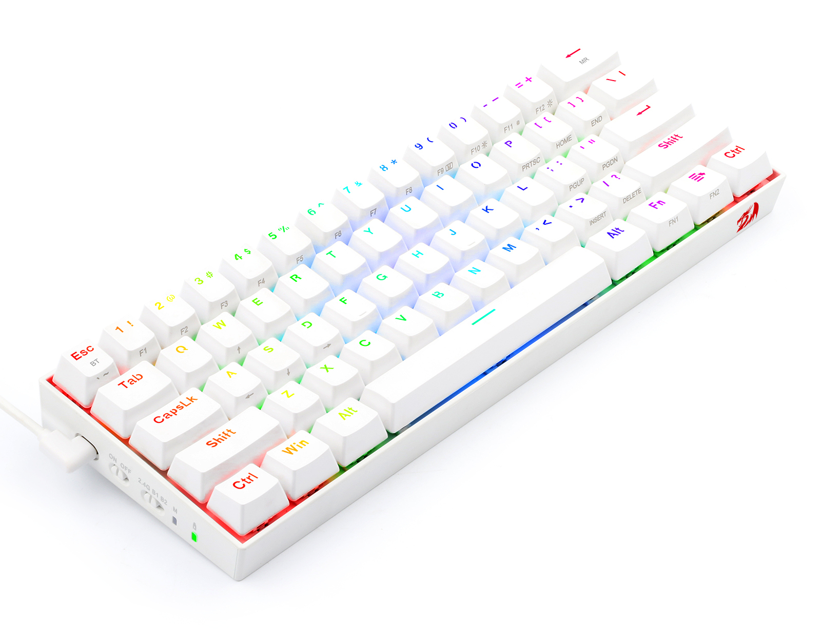 Biała klawiatura mechaniczna z podświetlanymi klawiszami. Posiada standardowe klawisze i regulację głośności. Krawędzie mają kolorową poświatę.