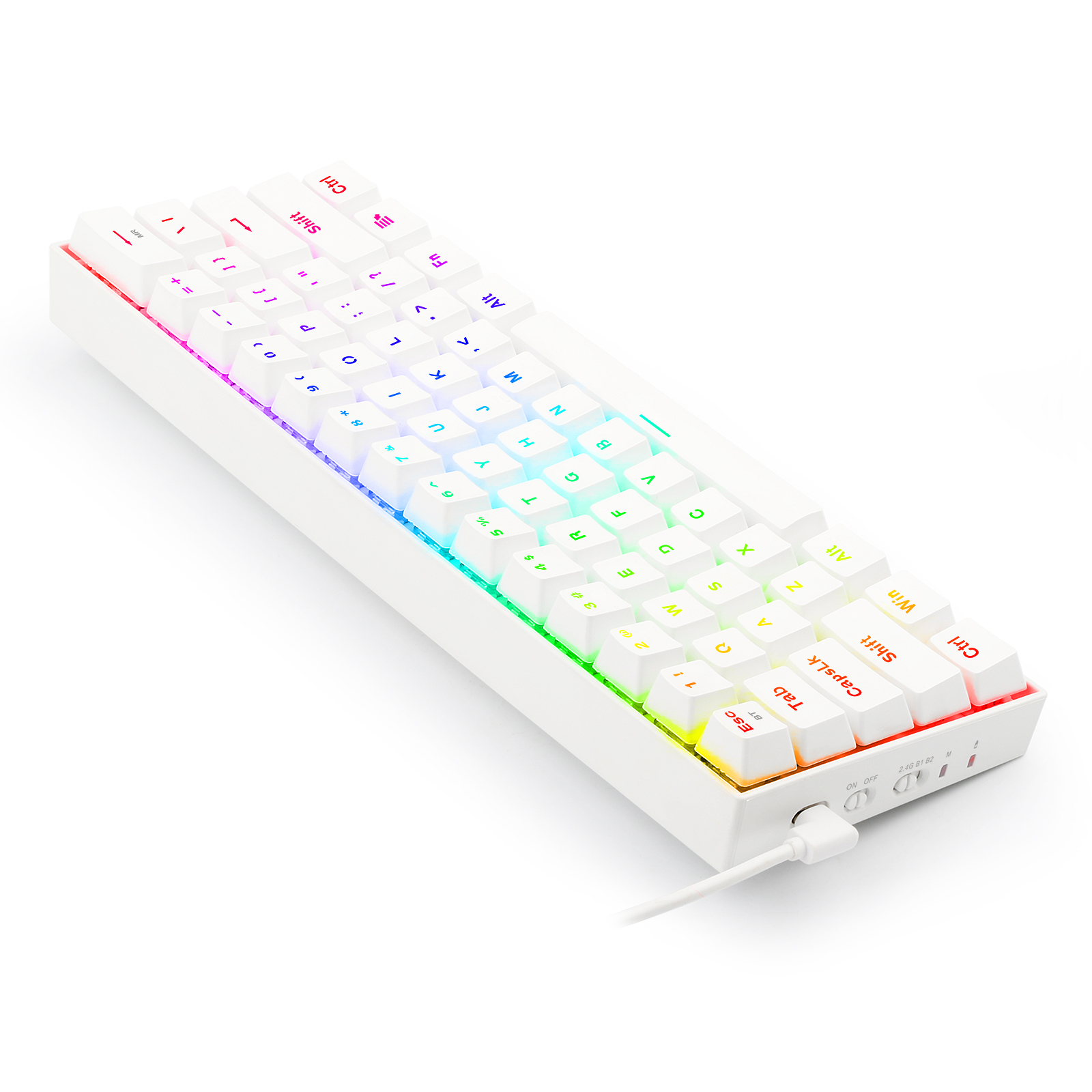 Biała klawiatura mechaniczna z kolorowym podświetleniem. Klawisze są białe z różnymi znakami. Podłączony jest kabel.