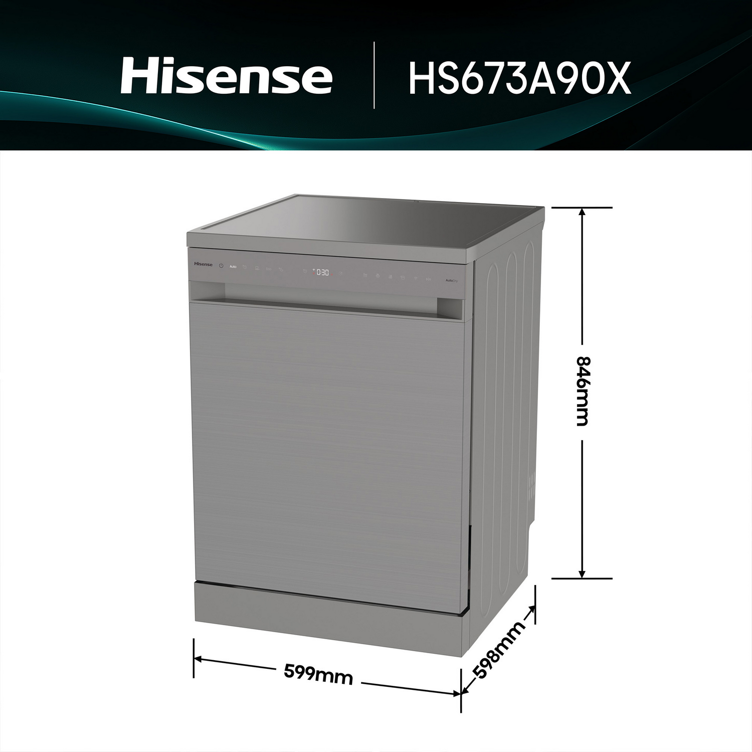 Un lavavajillas Hisense plateado, modelo HS673A90X, con dimensiones indicadas. El panel de control muestra '0:38'. Dimensiones: 846mm x 599mm x 598mm.