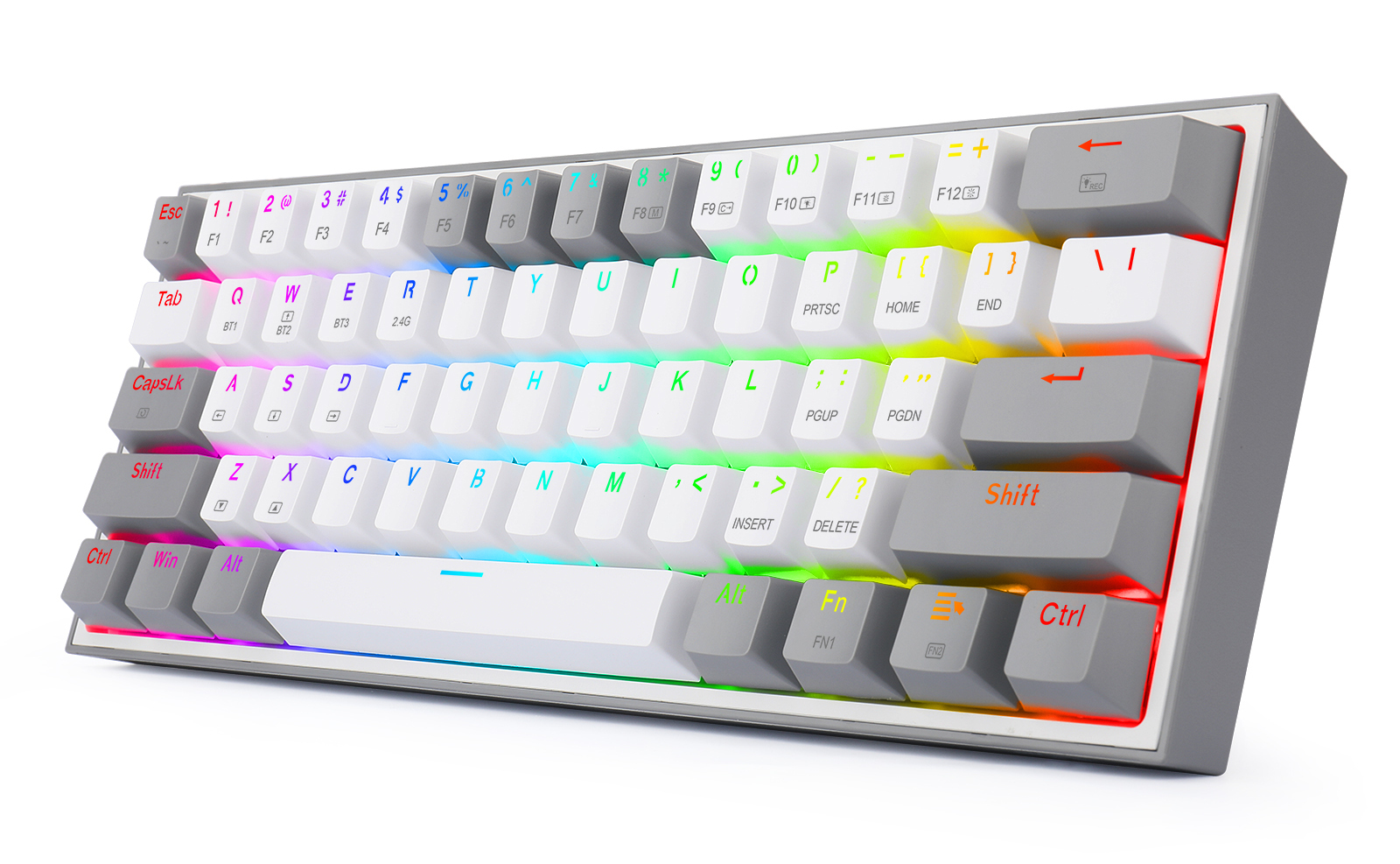 Biała i szara klawiatura mechaniczna z kolorowymi podświetlanymi klawiszami. Litery i symbole są nadrukowane na klawiszach.