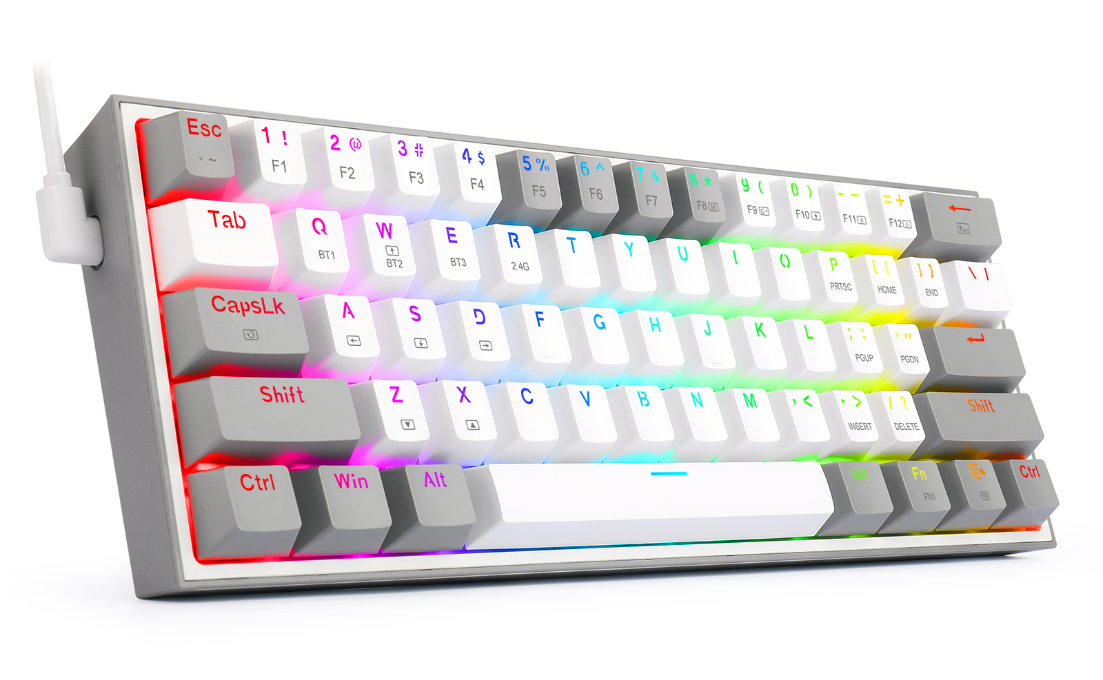Kompaktowa, podświetlana klawiatura mechaniczna z białymi klawiszami, szarą ramką i kolorowym podświetleniem.