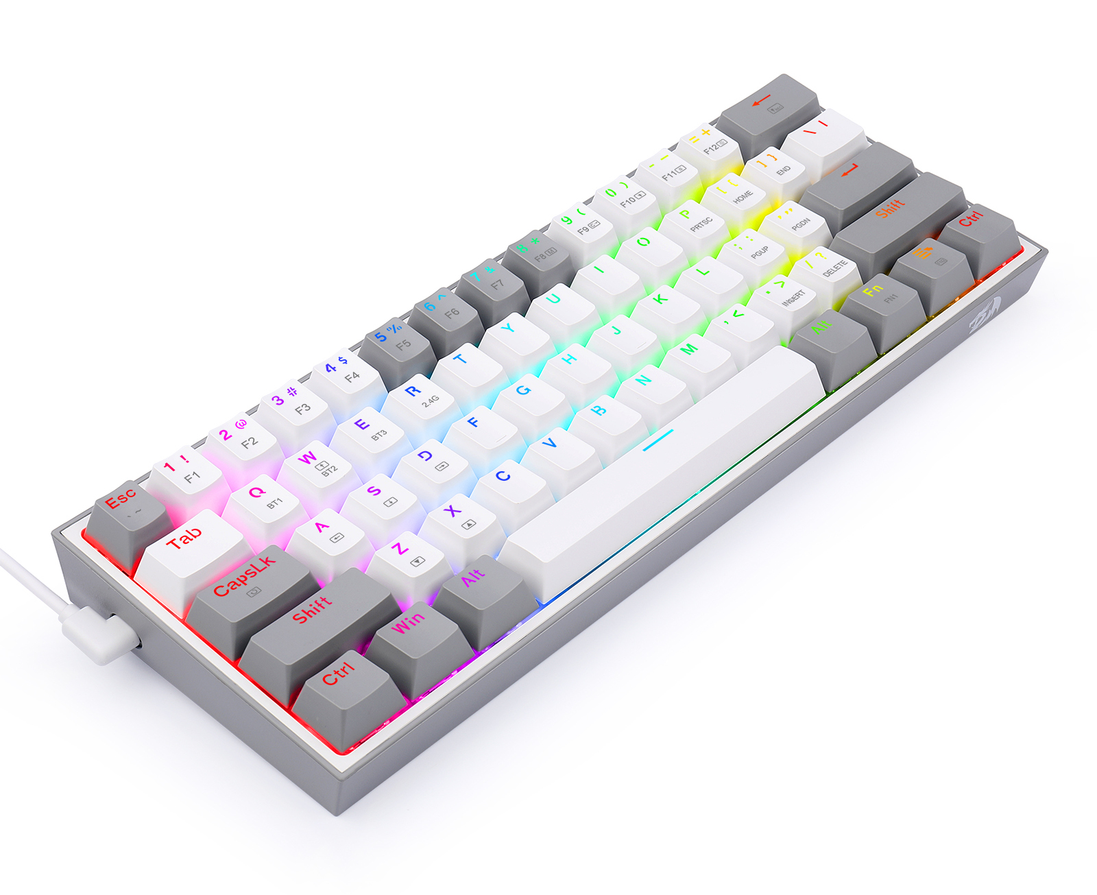 Biała i szara klawiatura mechaniczna z kolorowymi podświetlanymi klawiszami. Układ zawiera klawisze alfanumeryczne i funkcyjne.