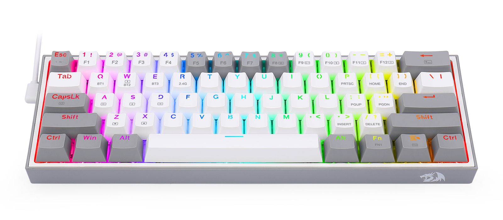 Klawiatura mechaniczna z białymi i szarymi klawiszami. Klawisze są oznaczone literami, cyframi i symbolami.