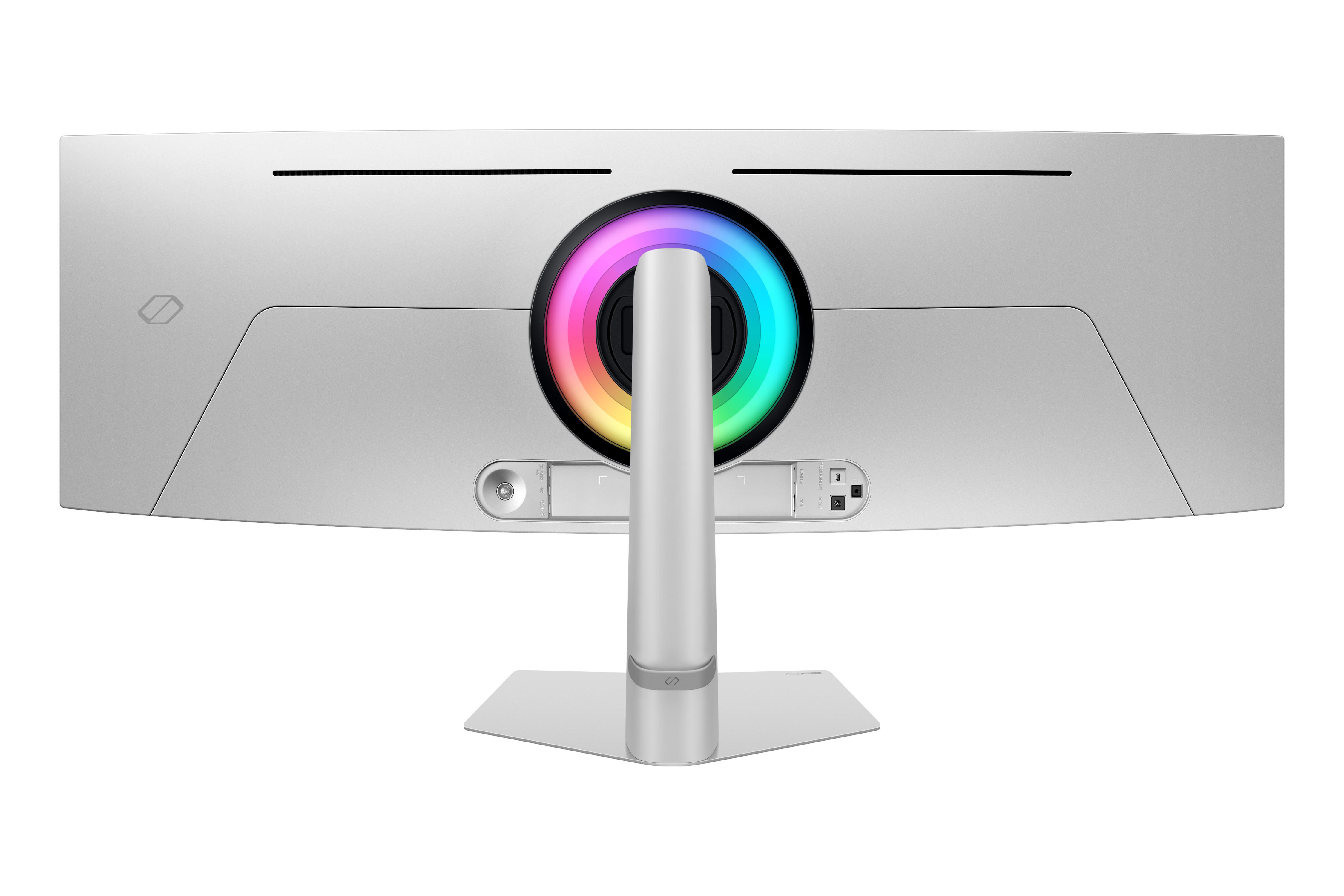 Rückseite eines silbernen Monitors mit farbenfrohem Ringlicht um die Ständerbefestigung. Anschlüsse sind sichtbar.