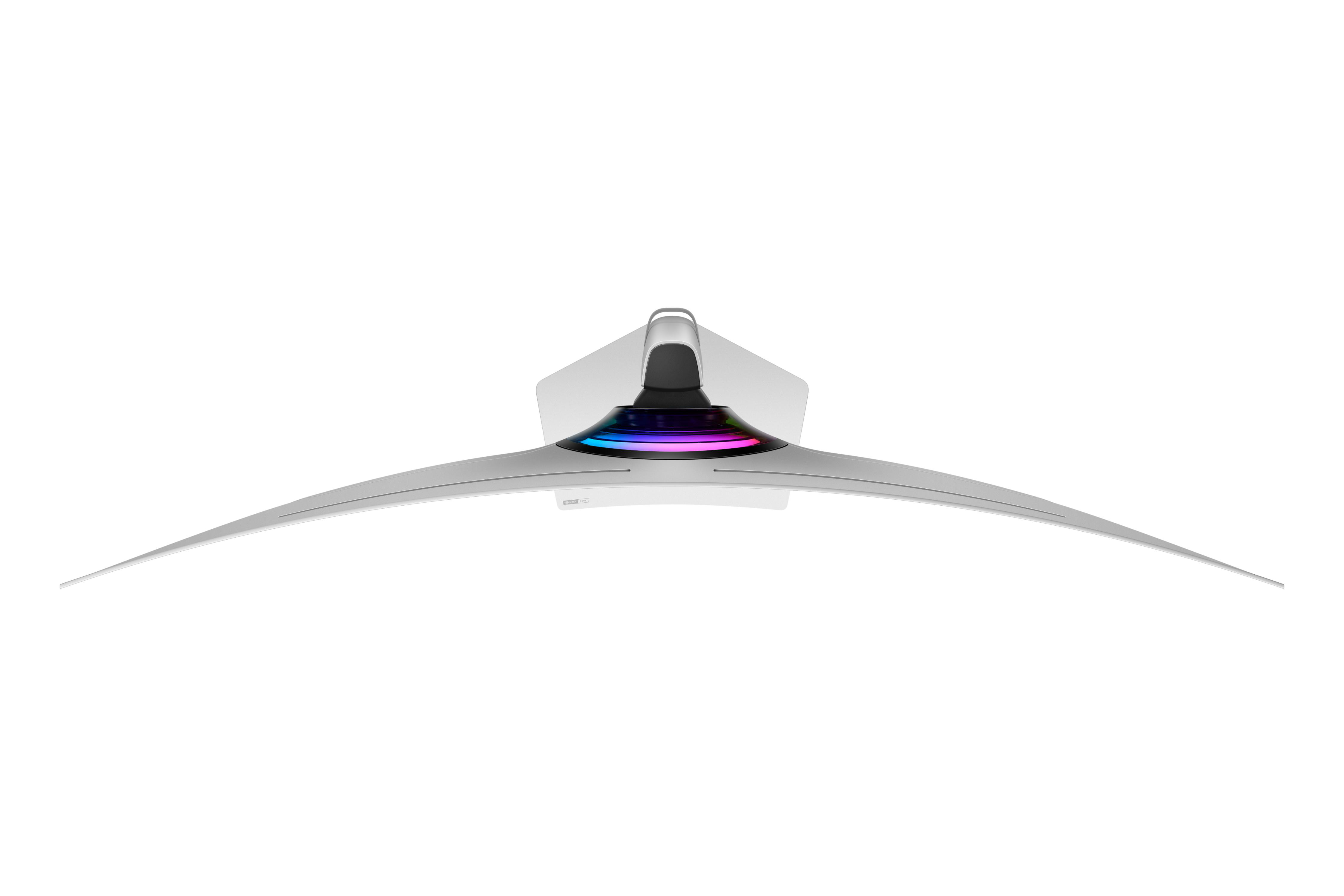 Ein gebogener, weißer Computermonitor. Der Ständer hat einen schwarz-weißen Abschnitt mit Regenbogenlichtern.