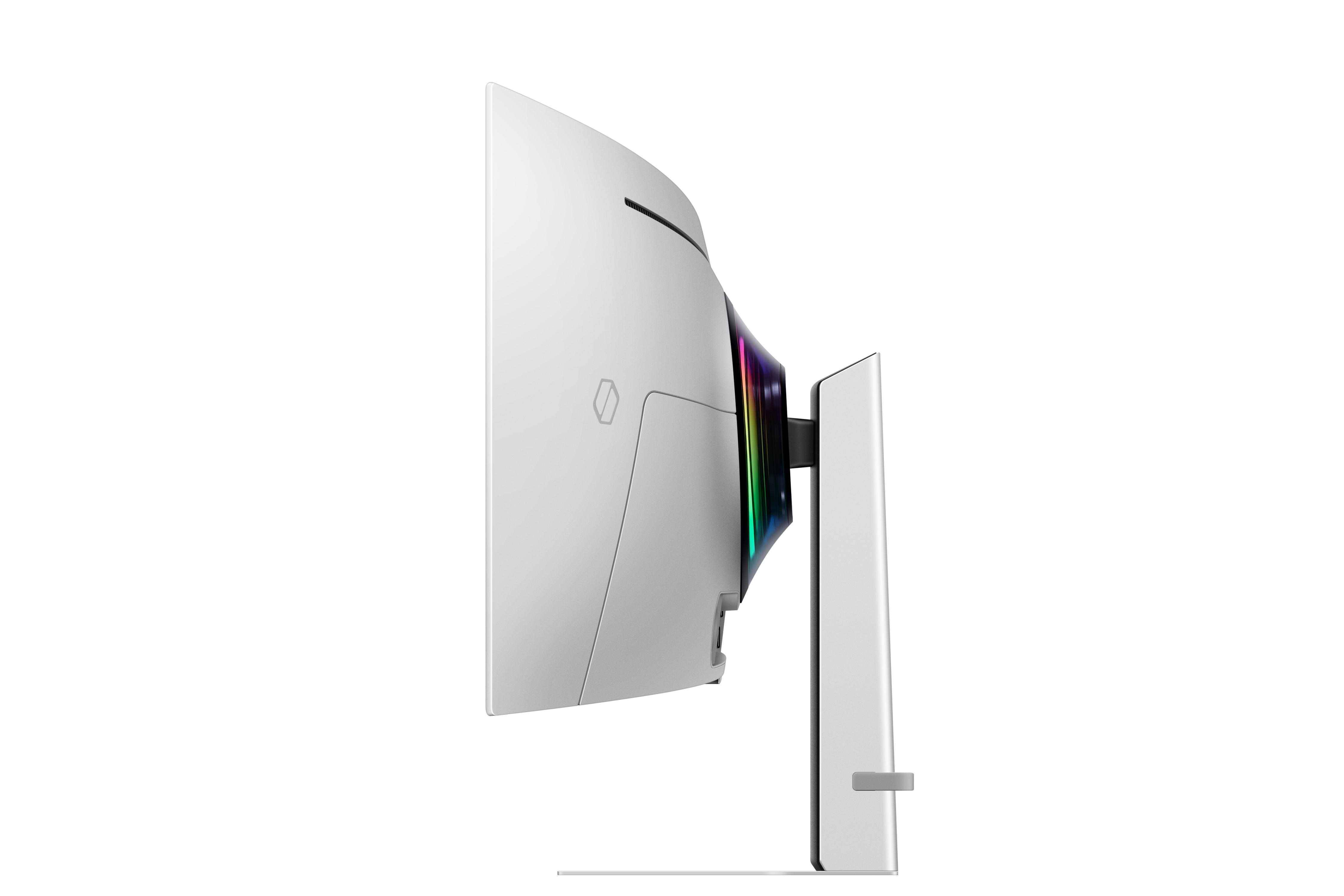 Ein weißer, gebogener Monitor wird von der Seite gezeigt. Er hat einen Ständer und mehrfarbige Lichter. Weißer Hintergrund.