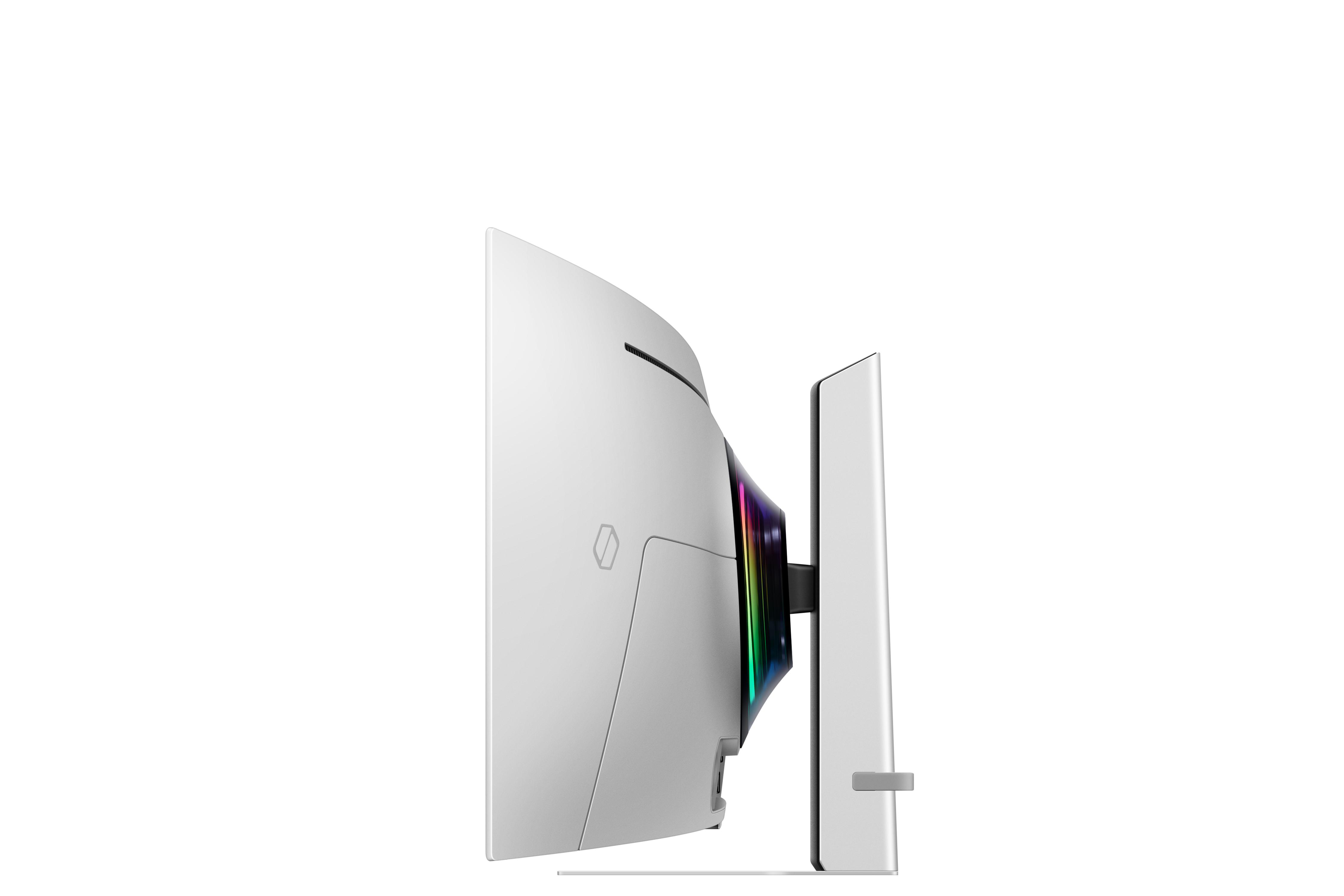 Seitenansicht eines weißen, gebogenen Computermonitors. Er hat einen Ständer, ein schwarzes Scharnier und ein Regenbogenlicht.