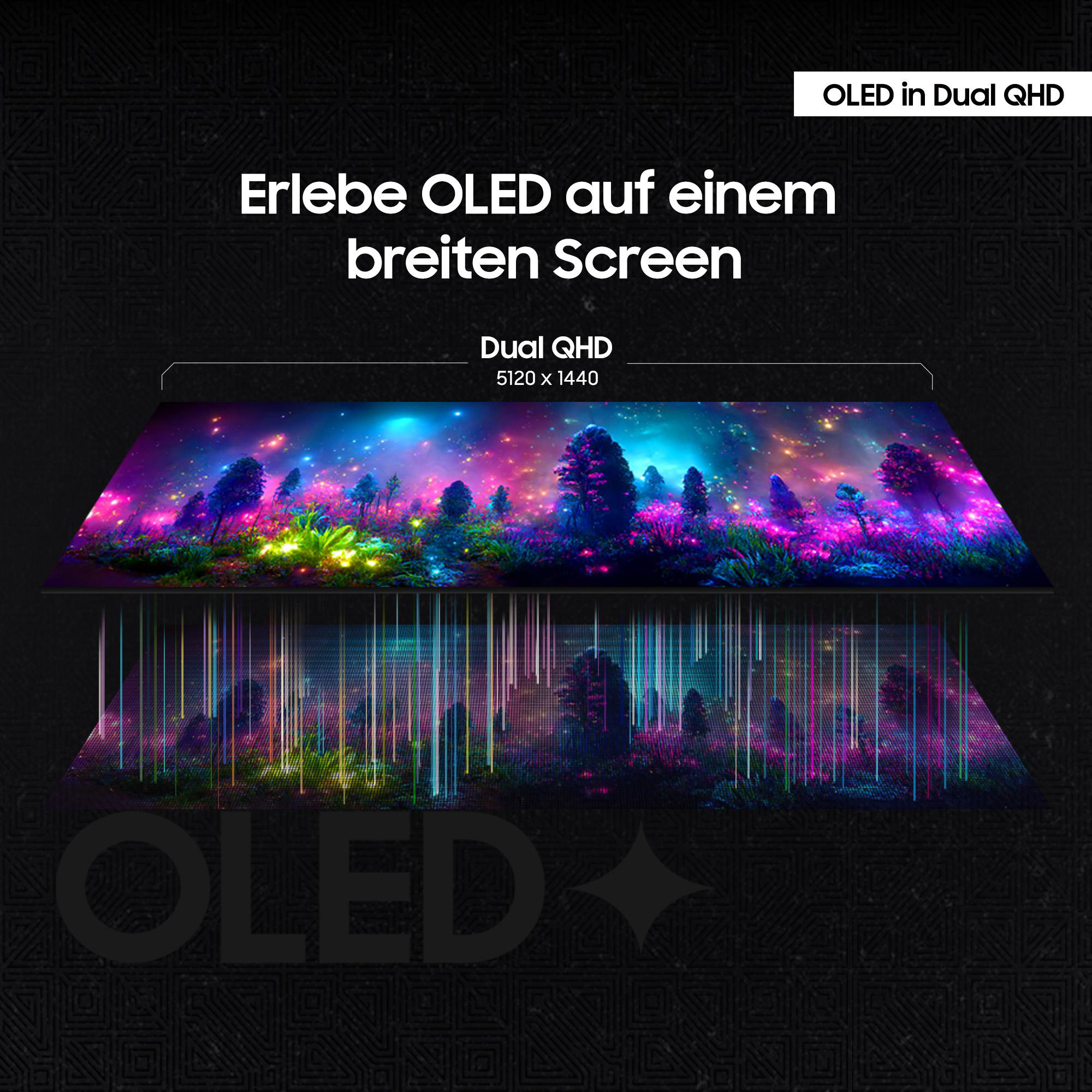 Visuelle OLED-Anzeige mit farbenfroher Landschaft, Text 'Erlebe OLED' und 'Dual QHD 5120 x 1440' auf dunklem Hintergrund.