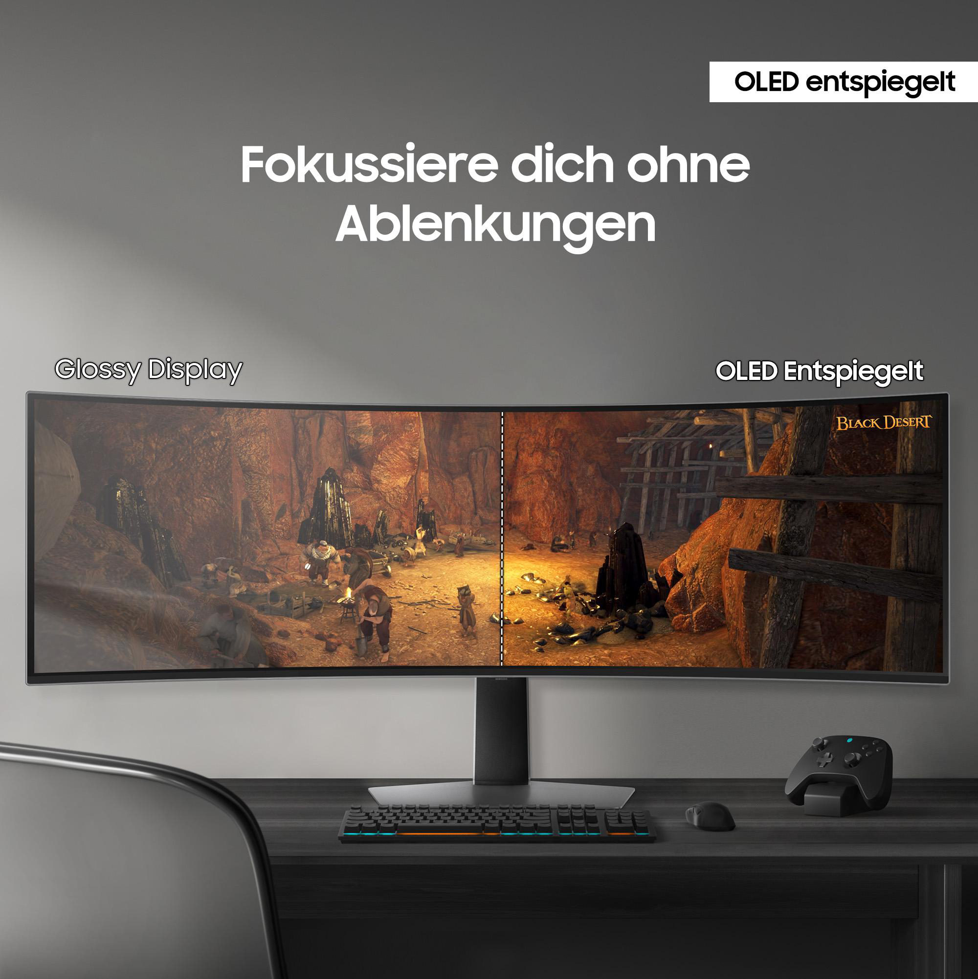 Ein gekrümmter Monitor zeigt eine Spielszene, mit Tastatur, Maus und Controller auf dem Schreibtisch. Text sagt: 'Konzentriere dich ohne Ablenkungen'.