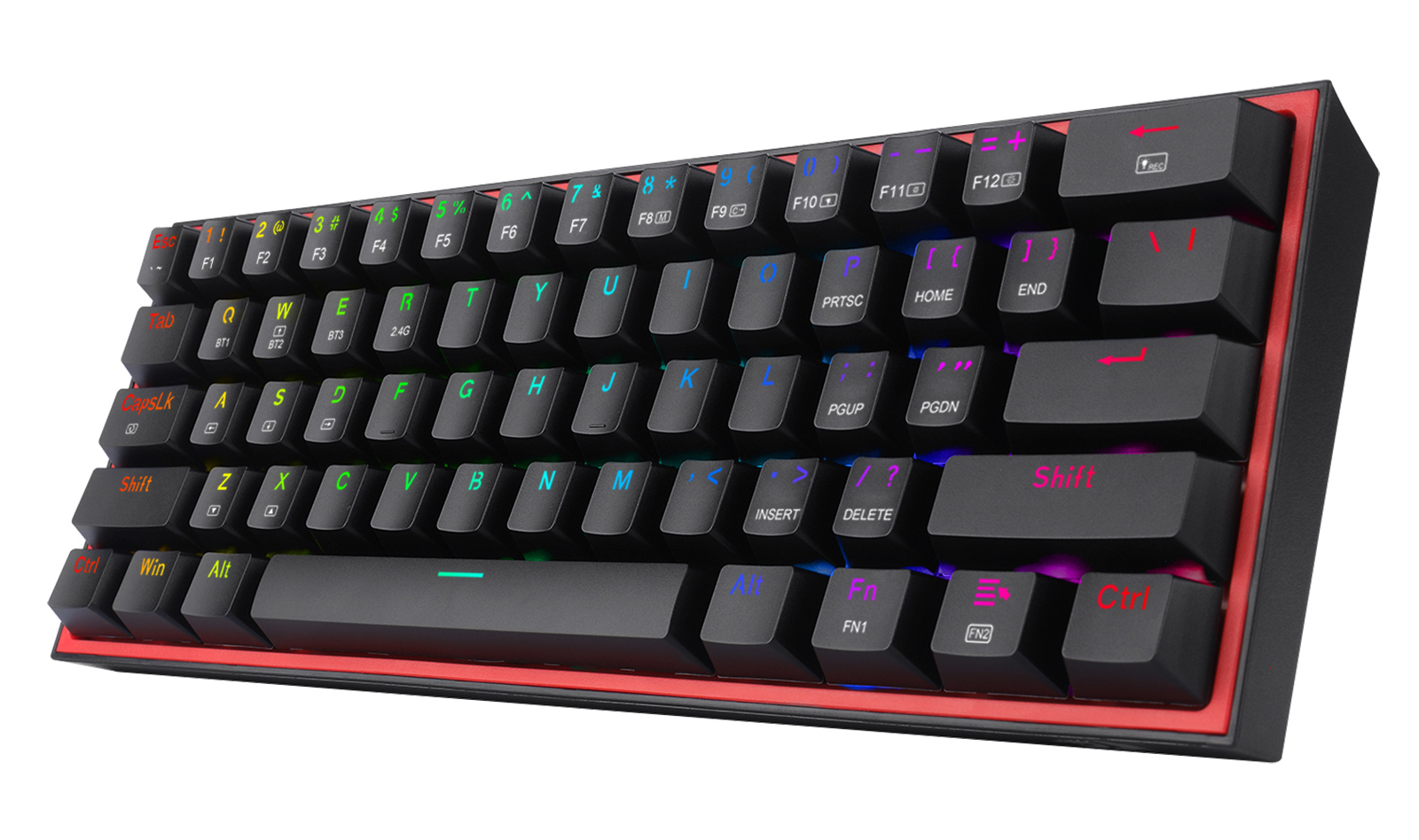 Czarna i czerwona klawiatura mechaniczna z podświetlanymi klawiszami. Widoczne litery i symbole.