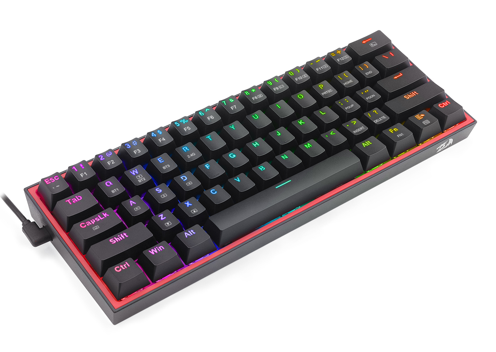 Czarna klawiatura mechaniczna z kolorowymi podświetlanymi klawiszami. Rama jest czarna z czerwonym obramowaniem, podłączony kabel.