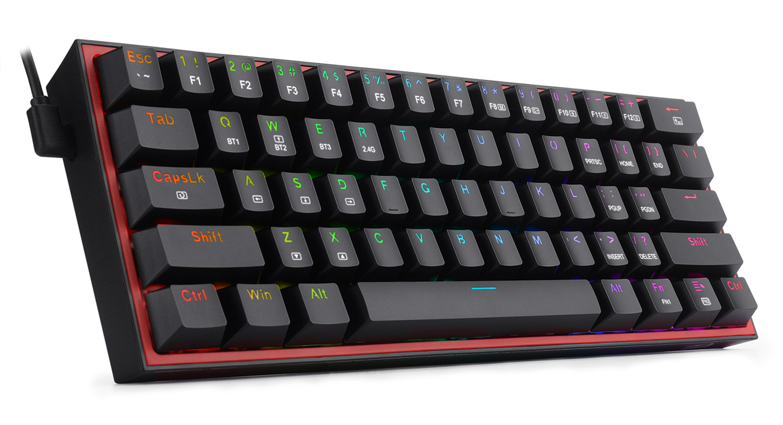 Czarna i czerwona klawiatura mechaniczna z podświetlanymi klawiszami. Klawisze wyświetlają litery, cyfry i symbole, z czarnym kablem.