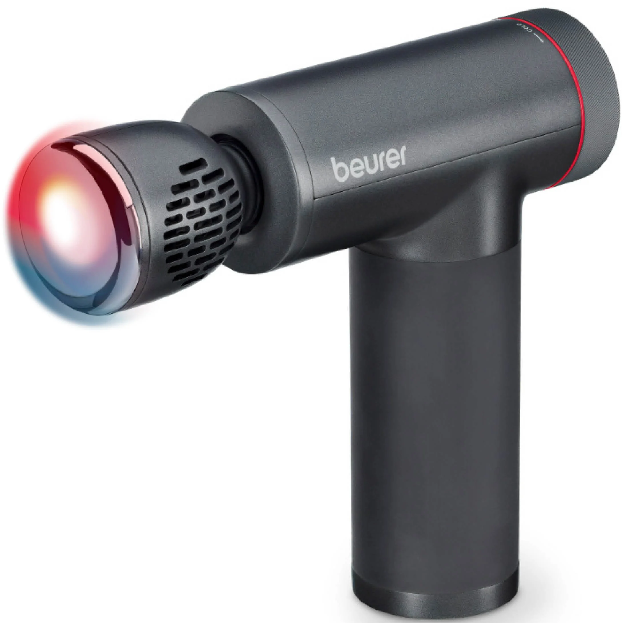 Eine graue Massagepistole mit rotem und blauem Licht am Kopf. Der Markenname Beurer ist sichtbar. Der Griff ist schwarz.