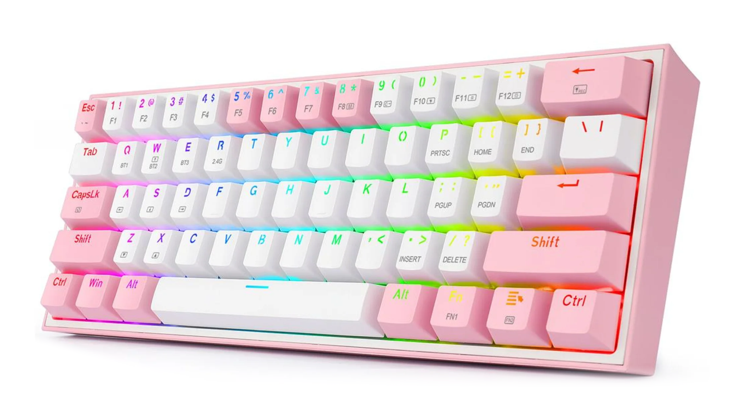 Różowo-biała klawiatura mechaniczna. Białe klawisze z czarnymi literami. Różowa ramka i klawisze akcentujące. Oświetlenie RGB.