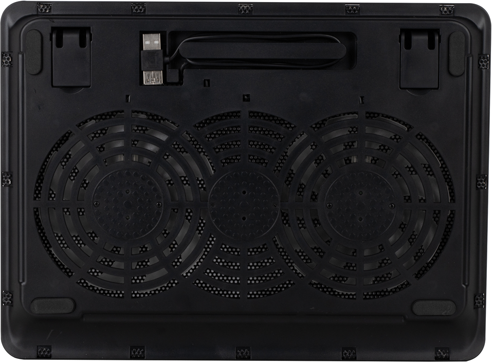 Schwarzes Laptop-Kühlpad. Mit Lüftern, USB-Kabel und Stützbeinen. Das Design umfasst Belüftungsöffnungen und eine perforierte Oberfläche.