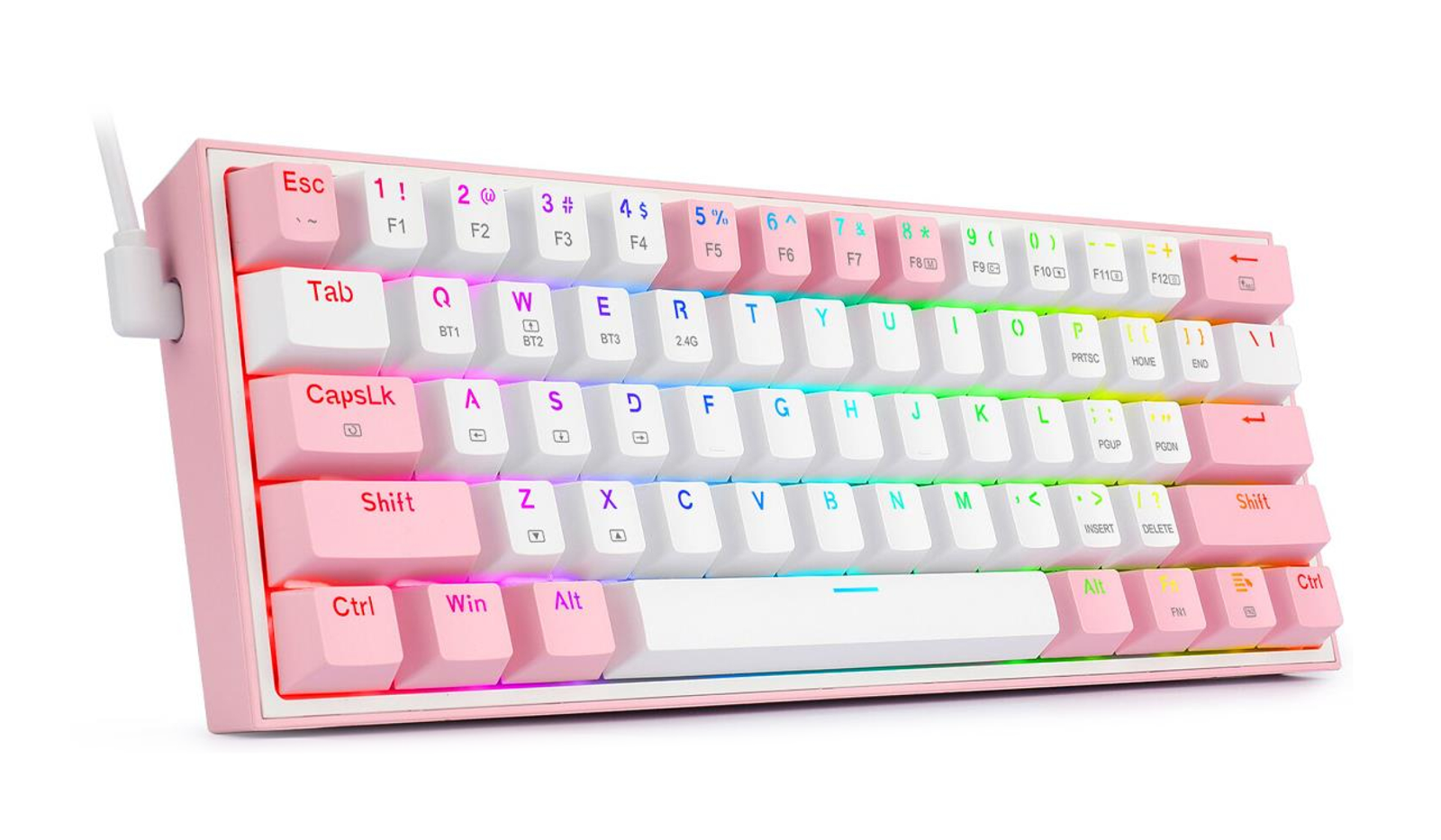 Różowo-biała klawiatura mechaniczna. Klawisze są mieszanką różu i bieli z czarnymi literami. Klawiatura jest pochylona.