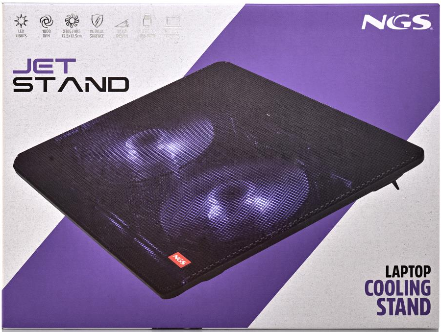 Eine Laptop-Kühlständer-Box. Sie verfügt über eine schwarze Mesh-Oberfläche mit violetten LED-Leuchten, das NGS-Logo und Produktdetails.