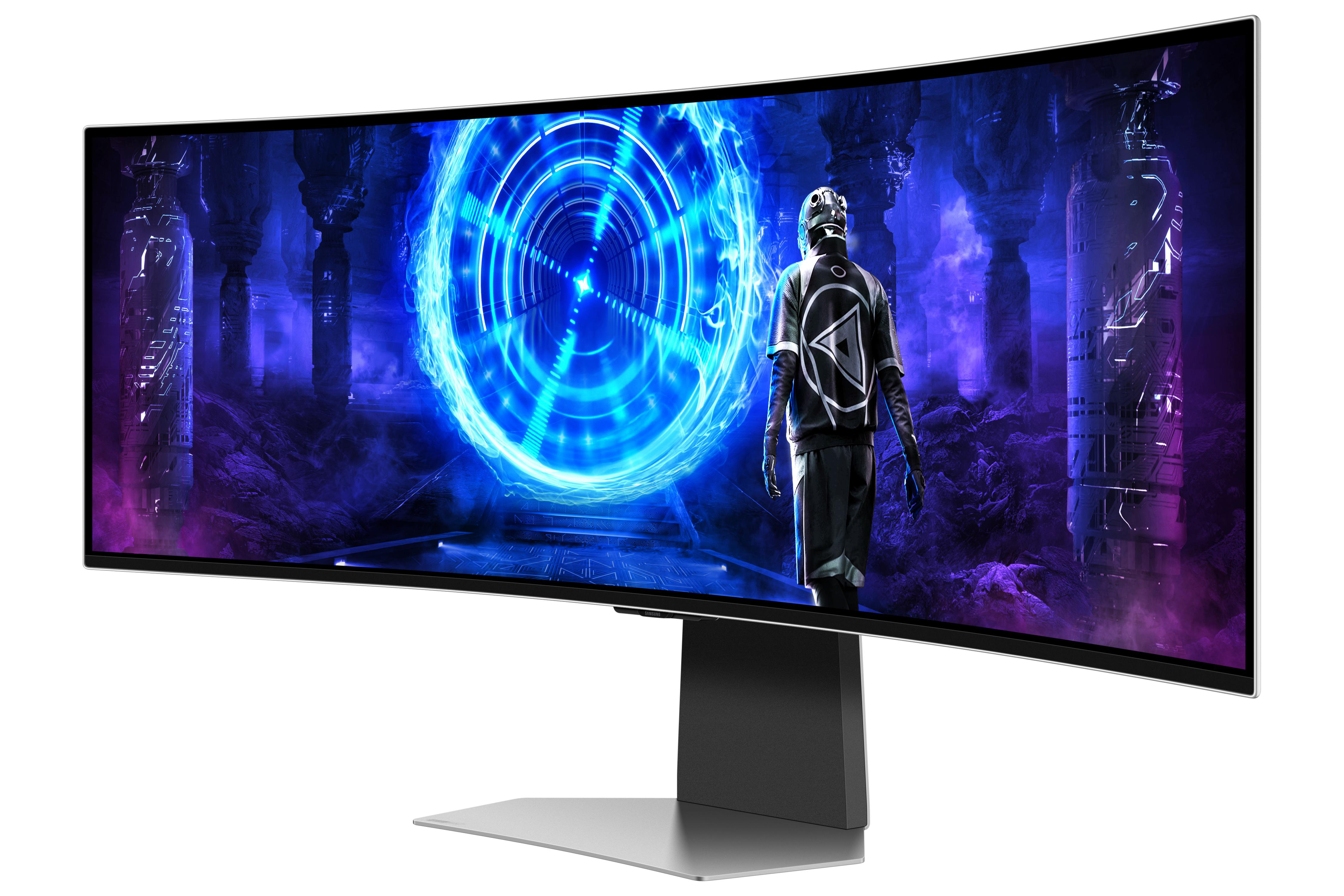 Gebogener Monitor zeigt eine futuristische Szene mit einer Figur, die auf ein leuchtendes Portal zugeht. Die Szene ist dunkel, futuristisch und blau.
