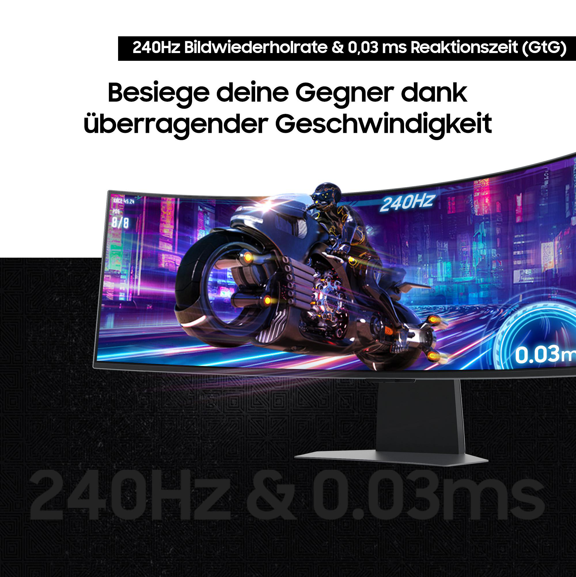 Ein gekrümmter Monitor zeigt ein futuristisches Motorradrennen in einer Neonstadt. Text hebt 240 Hz und 0,03 ms hervor.