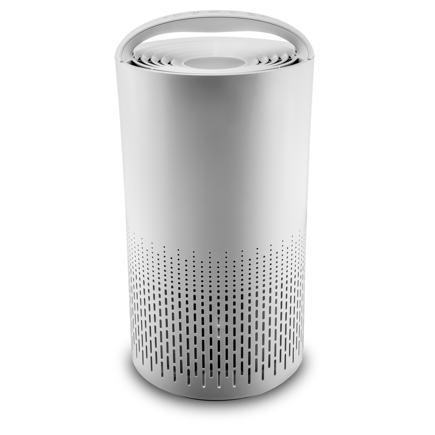 White air purifier on a white background. It has a handle at the top and perforated sections at the bottom.