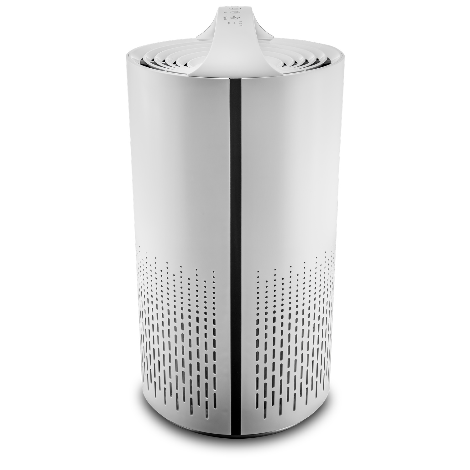 A white air purifier. It has a cylindrical body with perforated lower section and a control panel on top. It is on a white background.