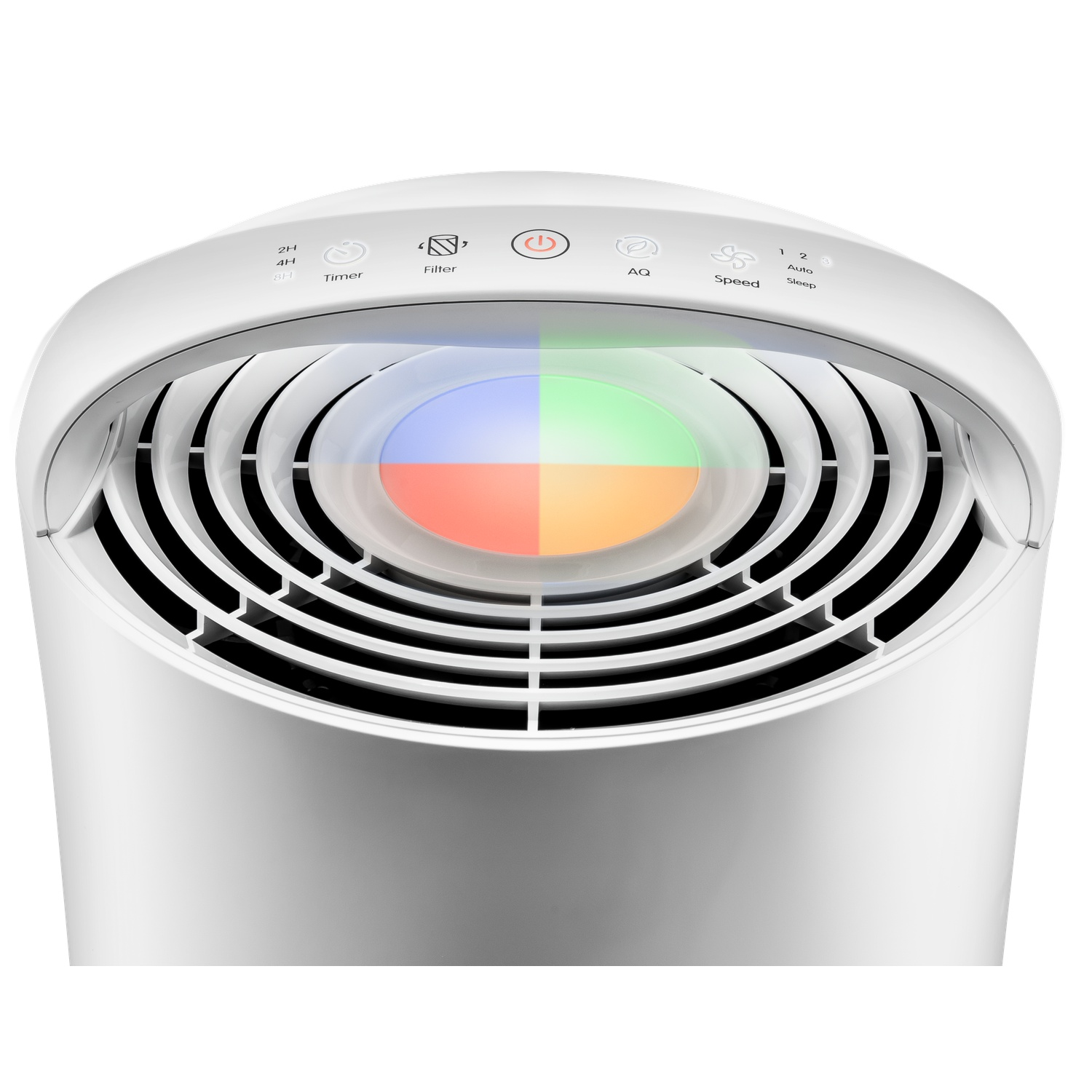 White air purifier with controls on top. It has a multi-colored light inside the fan. Buttons include timer, filter, and speed.