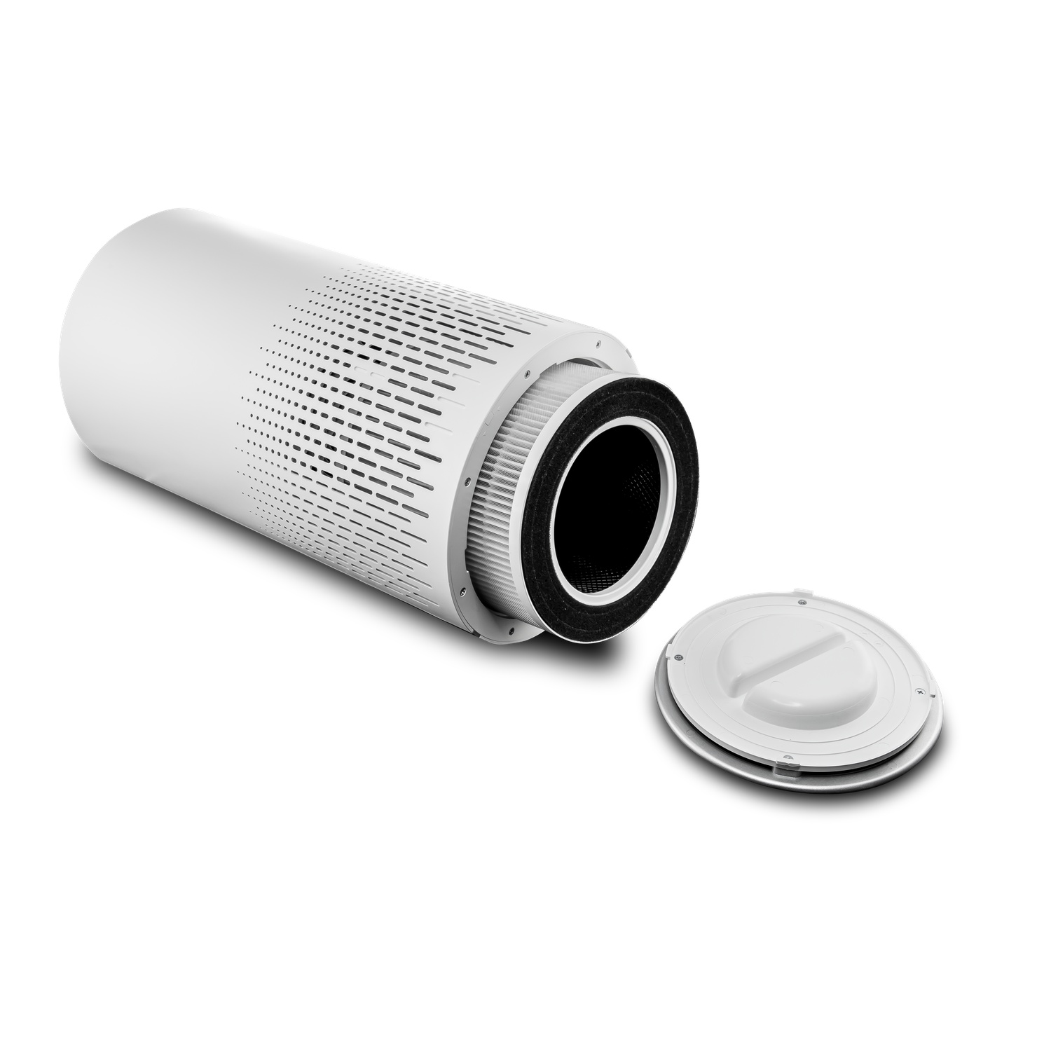 White air purifier disassembled, filter exposed. Lid is next to it. All objects are on a white background.