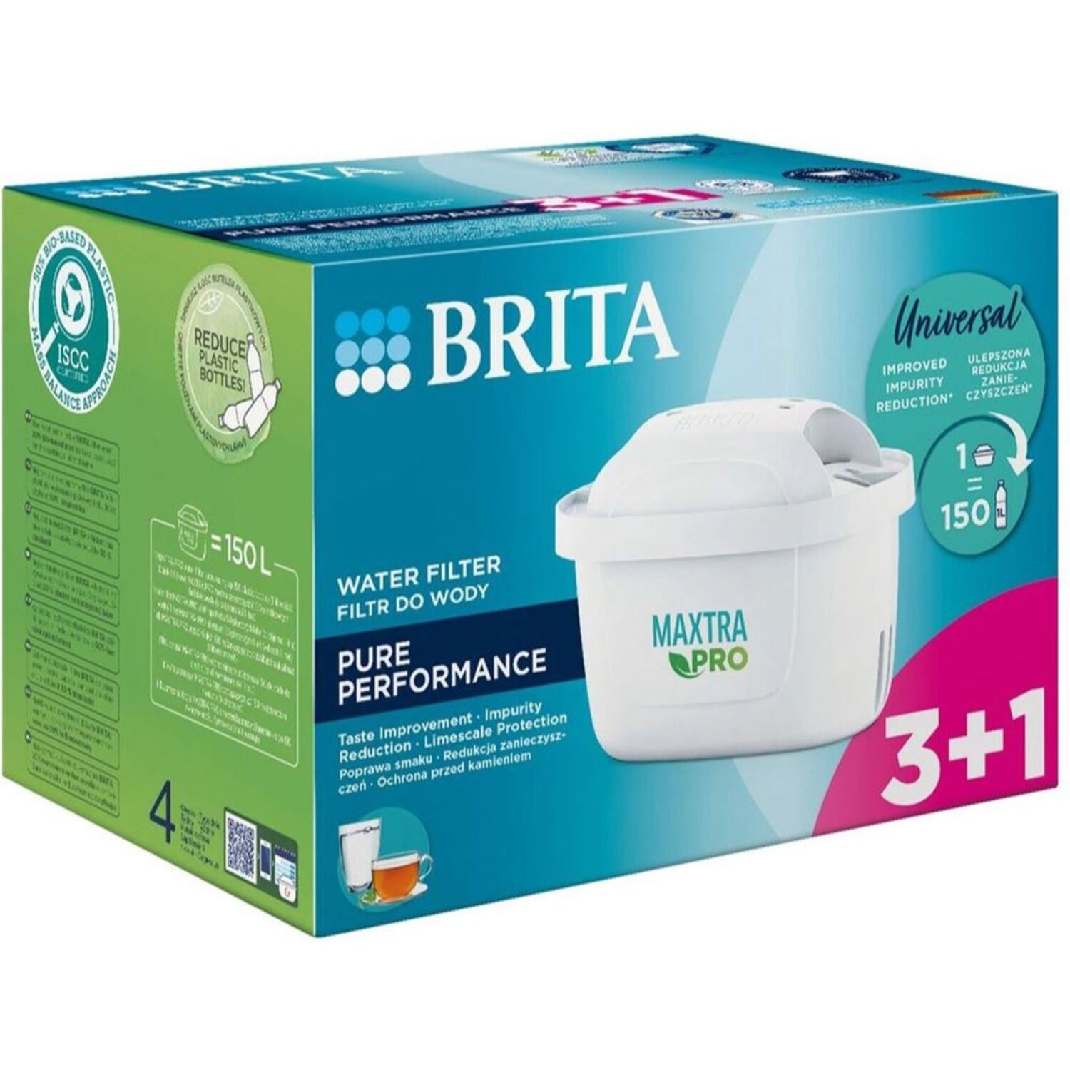 Een Brita waterfilterbox met een wit filter, tekst en een 3+1 aanbieding. De doos is blauw en wit met groene details.
