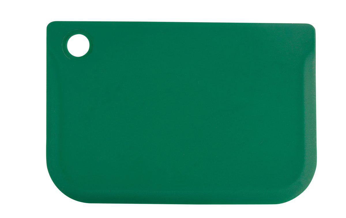 Eine grüne rechteckige Form mit abgerundeten Ecken und einem weißen Kreis in der oberen linken Ecke, vor weißem Hintergrund.