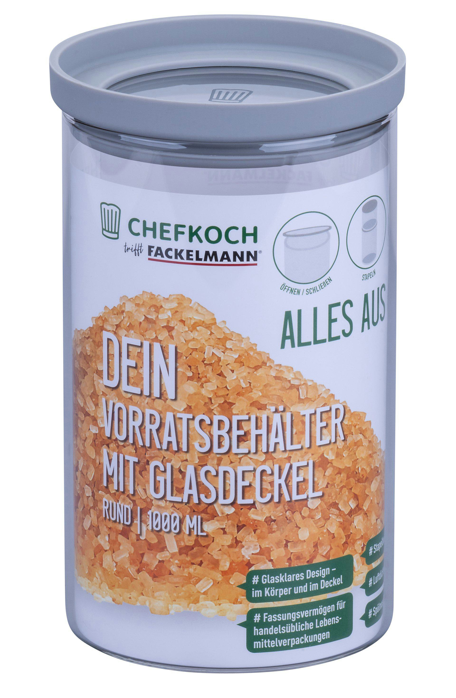 Ein klarer Vorratsbehälter mit grauem Deckel. Er hat Text und eine Grafik von Zucker im Inneren. Die Marke ist Chefkoch.