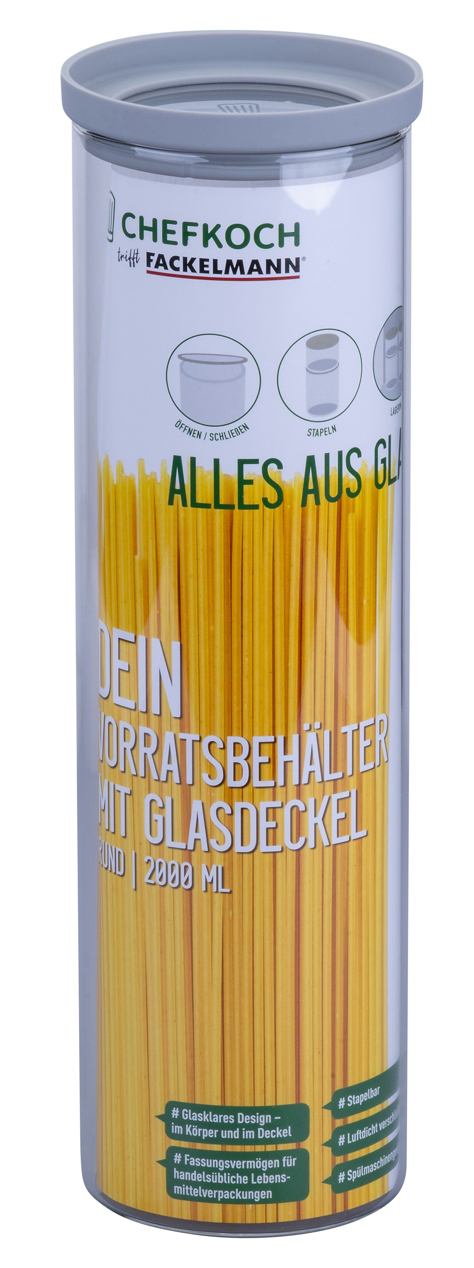 Transparenter Behälter mit Spaghetti. Grauer Deckel. Text mit 'CHEFKOCH' und Produktdetails.
