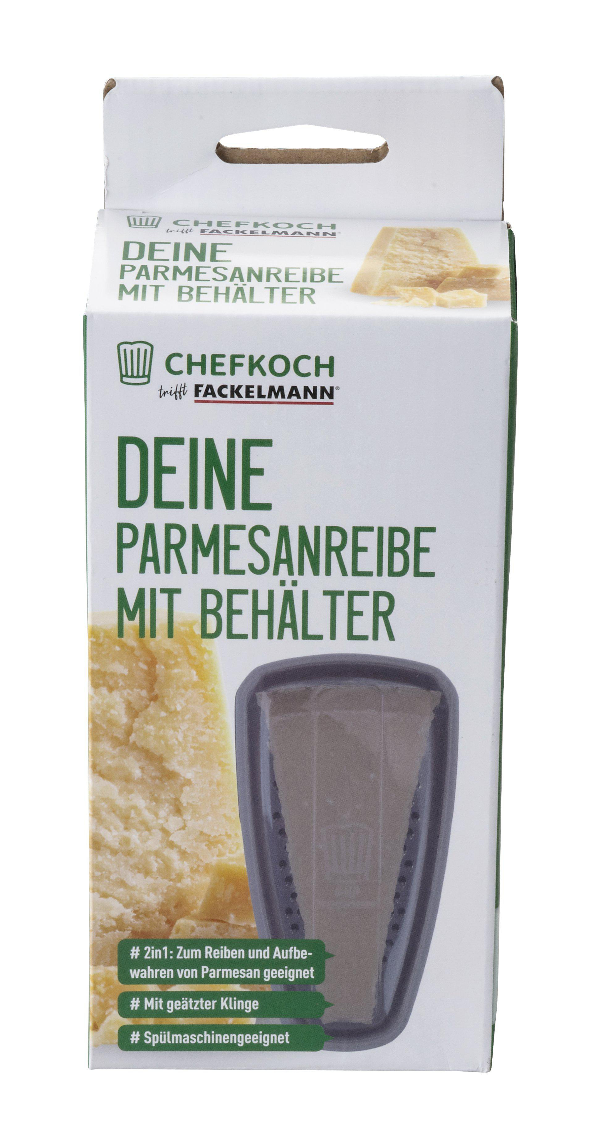 Ein Parmesanreibe mit Behälter. Die Box ist weiß mit grünem Text. Es gibt ein Käseblockbild und eine Reibe.