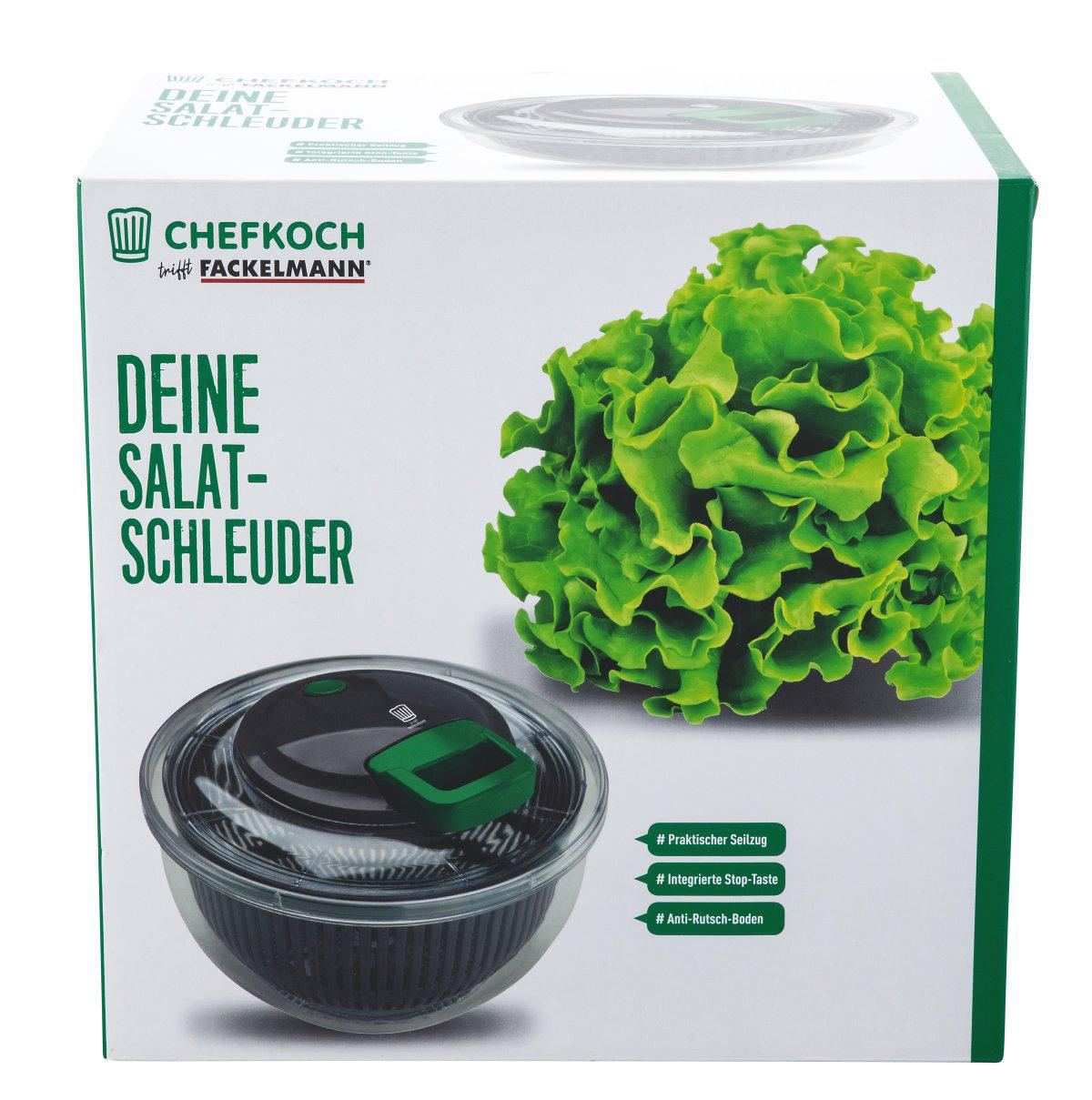 Auf einer Box sind ein Salatschleuder und ein Salatkopf abgebildet. Der Text lautet 'Deine Salat-Schleuder'. Die Marke ist 'Chefkoch trifft Fackelmann'.