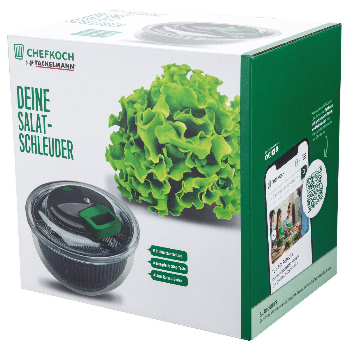 Box mit Salatschleuder und Salat. Grün und Weiß. Text und QR-Code sind ebenfalls auf der Box sichtbar.