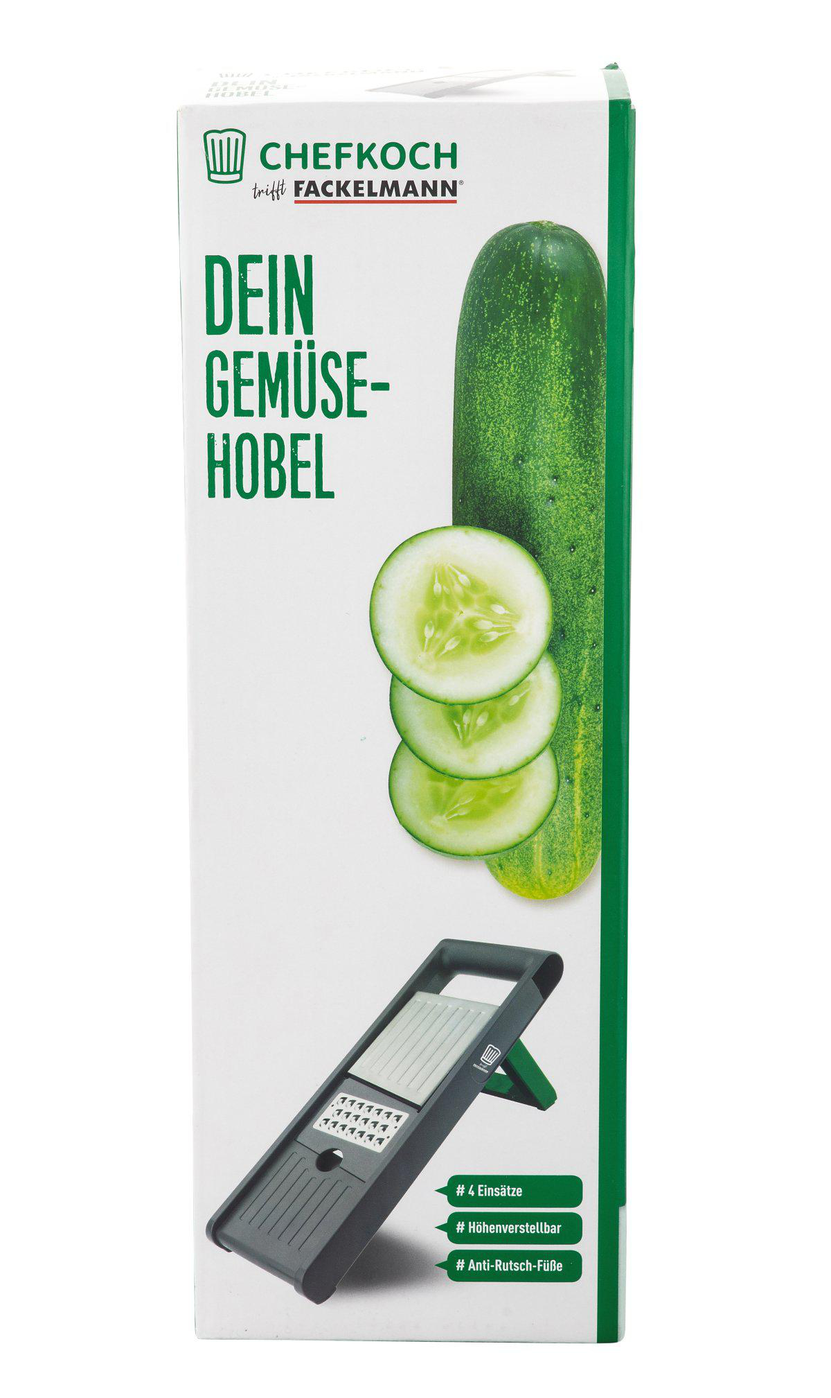 Box mit Gurke und Hobel, beschriftet mit 'DEIN GEMÜSE-HOBEL'. Enthält Gurkenscheiben und Merkmale des Hobels.