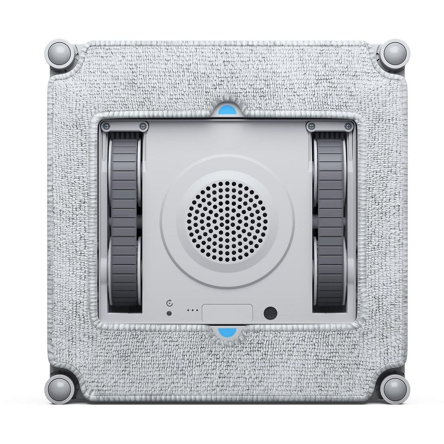 A white and gray window cleaning robot. It has wheels, a central speaker, and a microfiber cleaning pad around the edges.