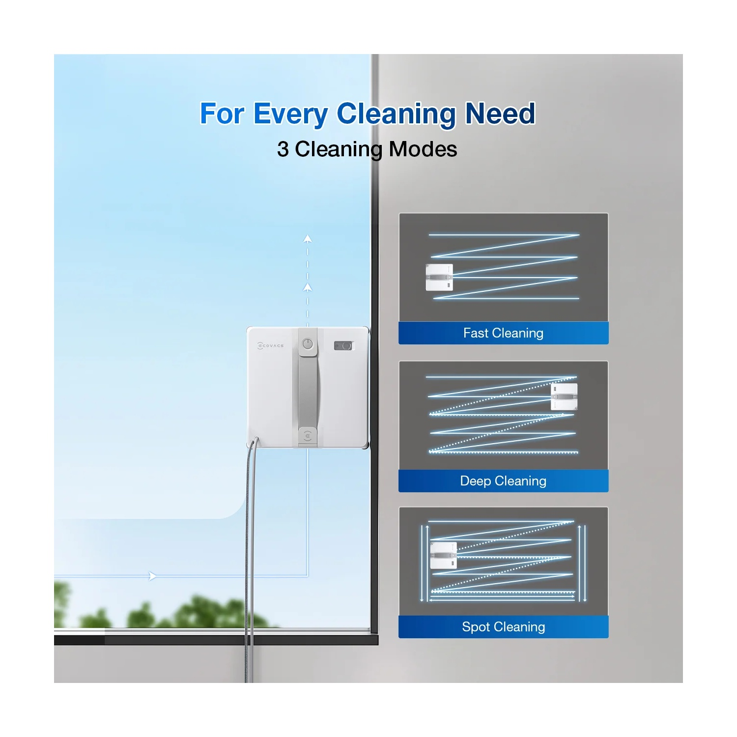 Window cleaner with 3 modes: fast, deep, and spot cleaning. The device is on a glass window. Text on the window: For Every Cleaning Need.