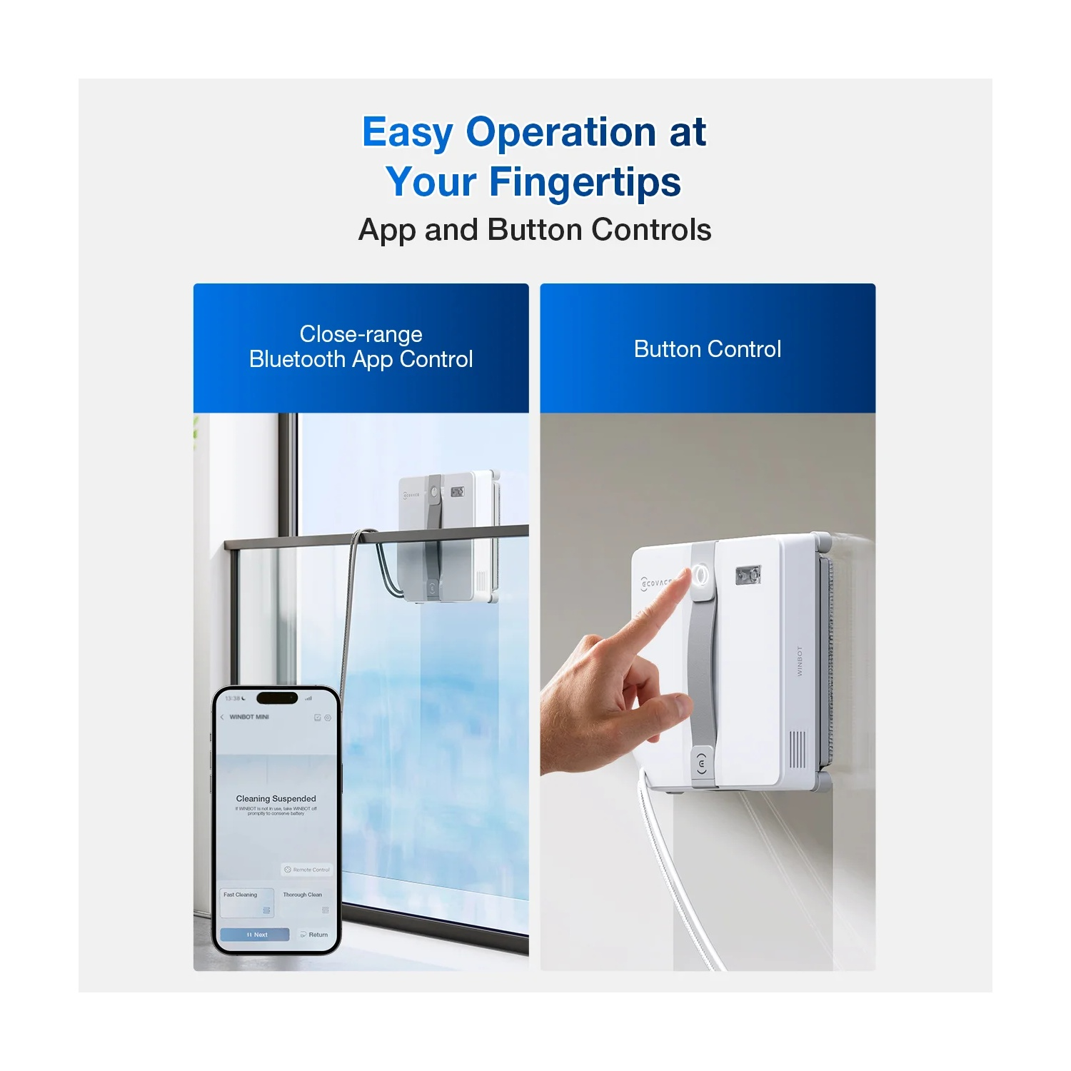Image shows window cleaner options: app control with phone and button control on the device. A hand points to the button.