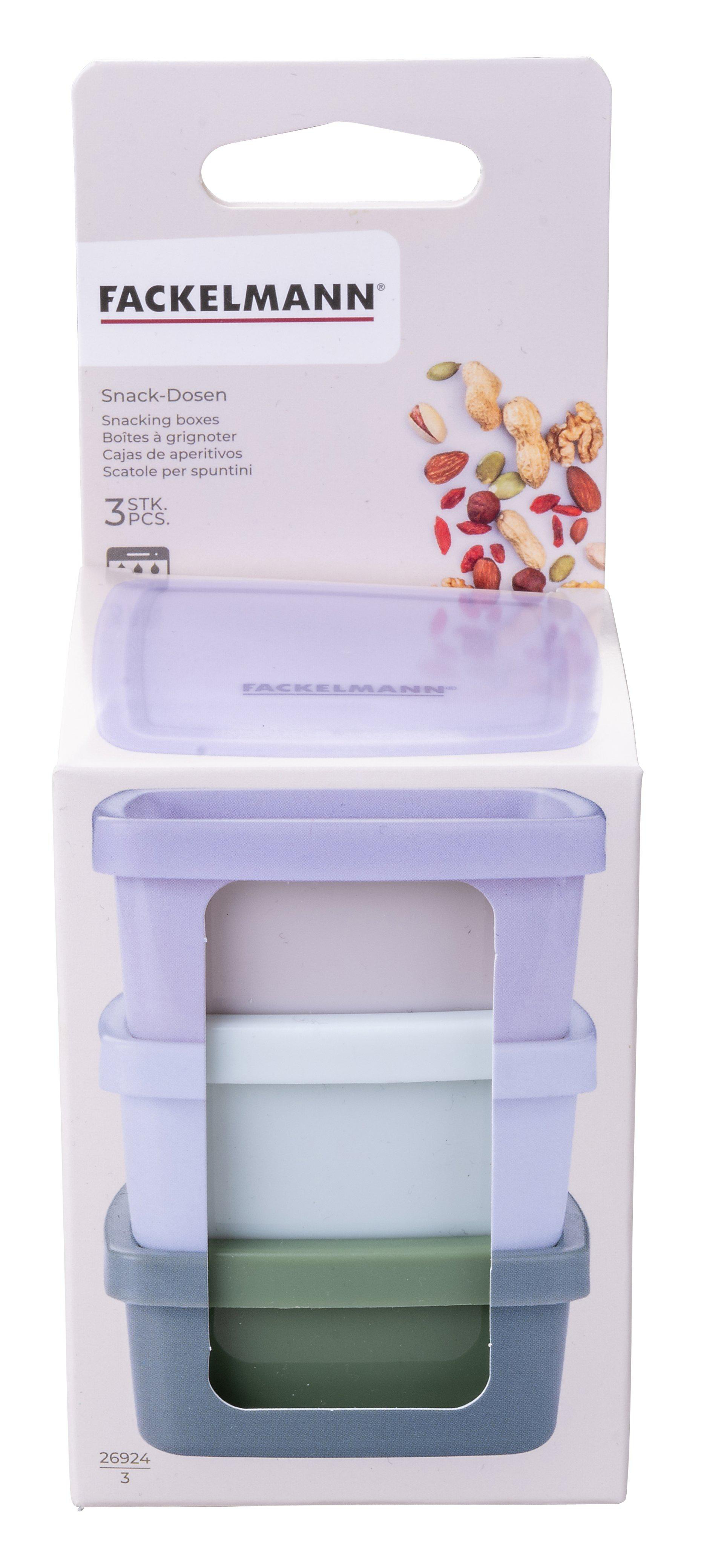 Eine Schachtel mit Fackelmann-Snackboxen. Die Schachtel zeigt 3 gestapelte Behälter mit Snacks oben drauf. Farben sind Lila, Grün und Weiß.