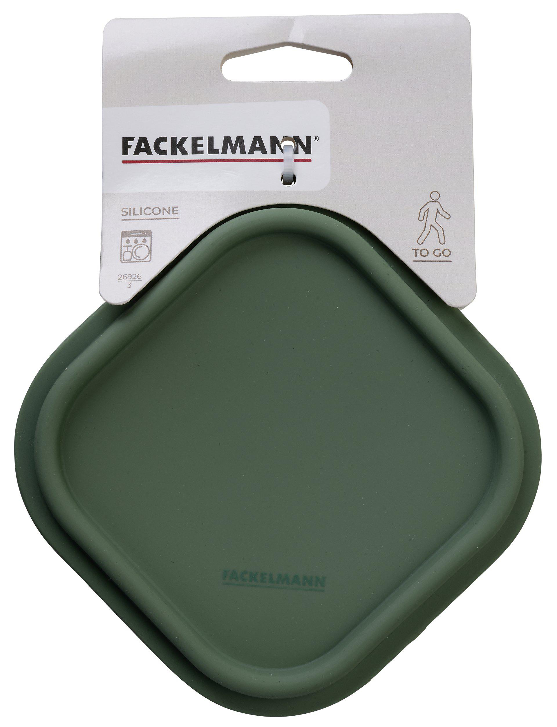 Grüner Silikonbehälter mit weißem Fackelmann-Etikett. Enthält den Text 'TO GO'. Der Behälter hat eine quadratische Form.