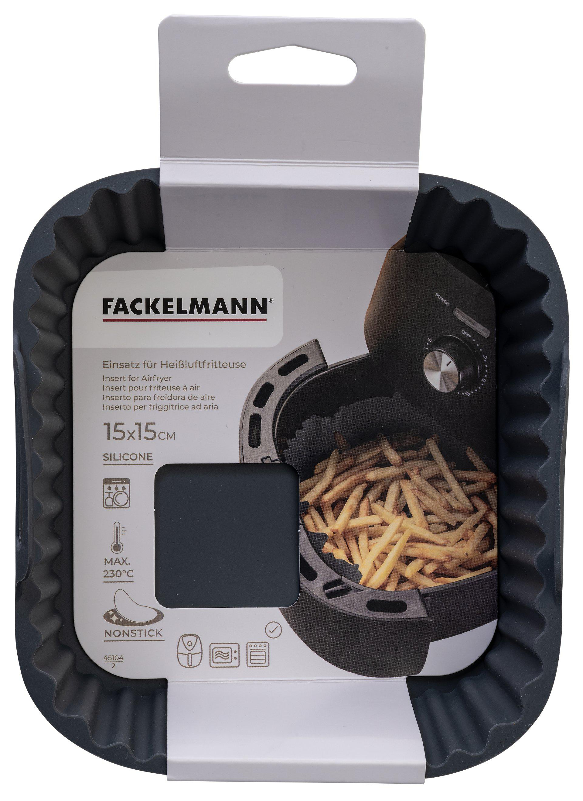 Verpackung für Airfryer-Einsatz. Zeigt ein Tablett, Pommes Frites und die Heißluftfritteuse. Die Marke ist FACKELMANN.