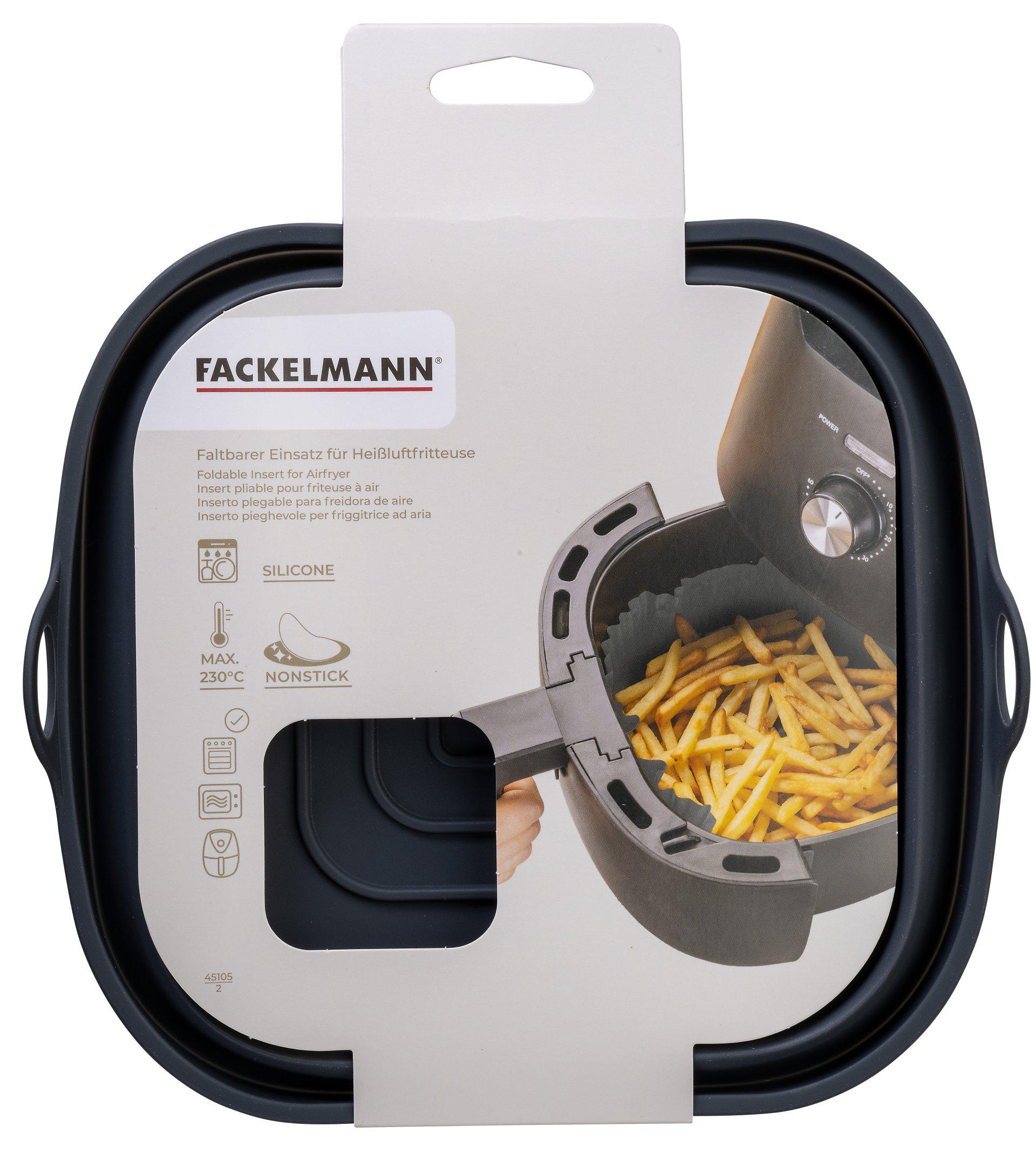 Ein Frittiereinsatz mit Pommes Frites und einem Produktetikett. Es hat einen schwarzen Rahmen und ein weißes Produktetikett.