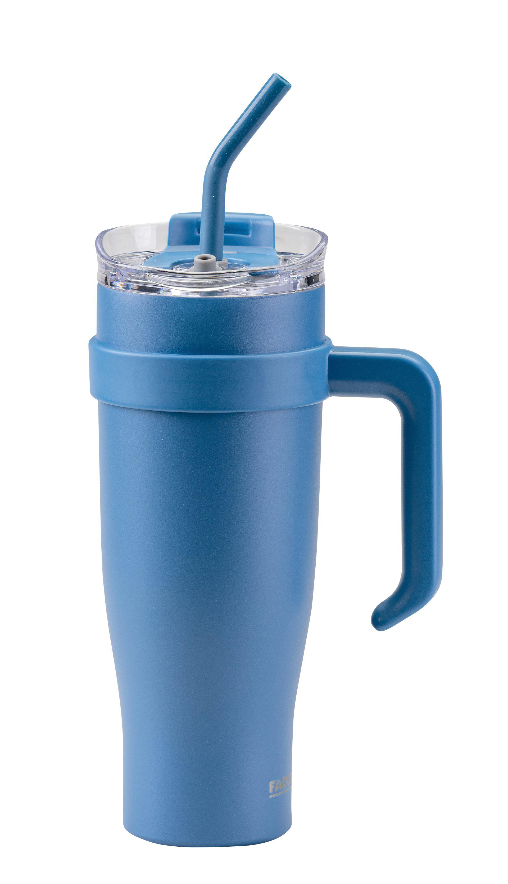 Ein blauer isolierter Becher mit Henkel und Strohhalm auf weißem Hintergrund. Der Becher ist zylindrisch.